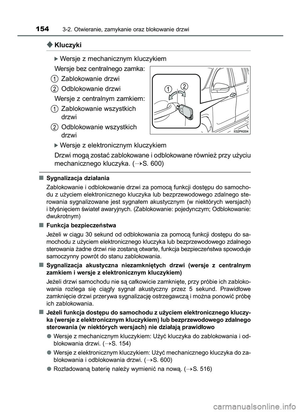 TOYOTA HILUX 2022  Instrukcja obsługi (in Polish) Kluczyki
ó Wersje z mechanicznym kluczykiem
Wersje bez centralnego zamka:
Zablokowanie drzwi
Odblokowanie drzwi
Wersje z centralnym zamkiem:
Zablokowanie wszystkich
drzwi
Odblokowanie wszystkich
drz