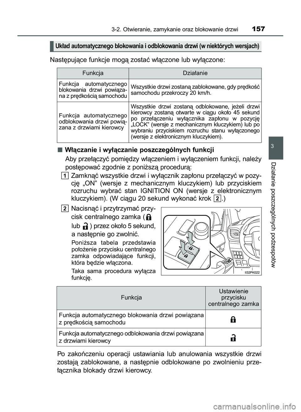 TOYOTA HILUX 2022  Instrukcja obsługi (in Polish) W∏àczanie i wy∏àczanie poszczególnych funkcji
Aby prze∏àczyç pomi´dzy w∏àczeniem i wy∏àczeniem funkcji, nale˝y
post´powaç zgodnie z poni˝szà procedurà:
Zamknàç wszystkie drzw