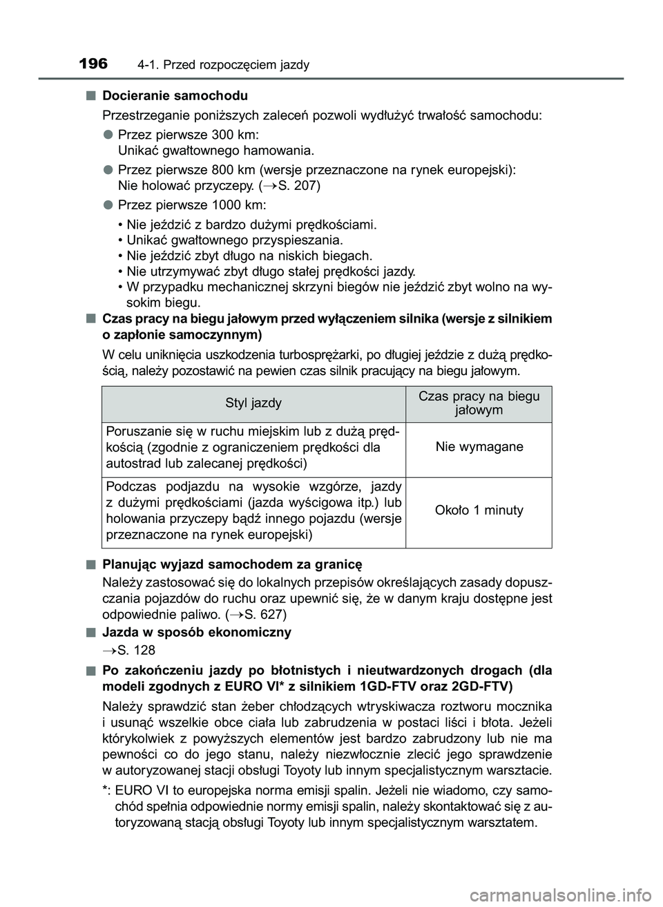 TOYOTA HILUX 2022  Instrukcja obsługi (in Polish) Docieranie samochodu
Przestrzeganie poni˝szych zaleceƒ pozwoli wyd∏u˝yç trwa∏oÊç samochodu:
Przez pierwsze 300 km:
Unikaç gwa∏townego hamowania.
Przez pierwsze 800 km (wersje przeznaczone