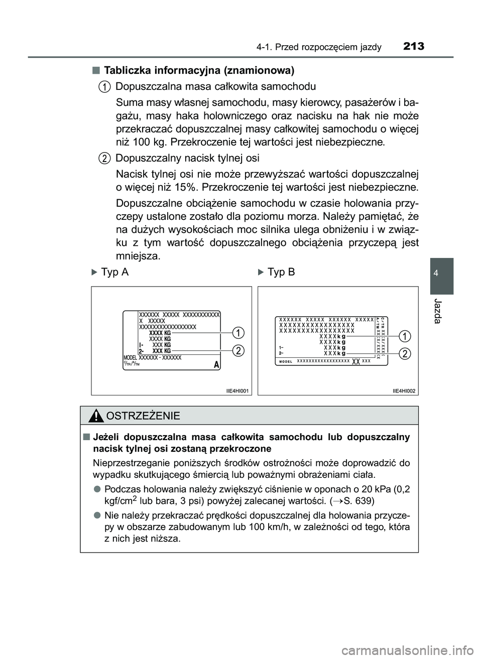TOYOTA HILUX 2022  Instrukcja obsługi (in Polish) Tabliczka informacyjna (znamionowa)
Dopuszczalna masa ca∏kowita samochodu
Suma masy w∏asnej samochodu, masy kierowcy, pasa˝erów i ba-
ga˝u,  masy  haka  holowniczego  oraz  nacisku  na  hak  ni