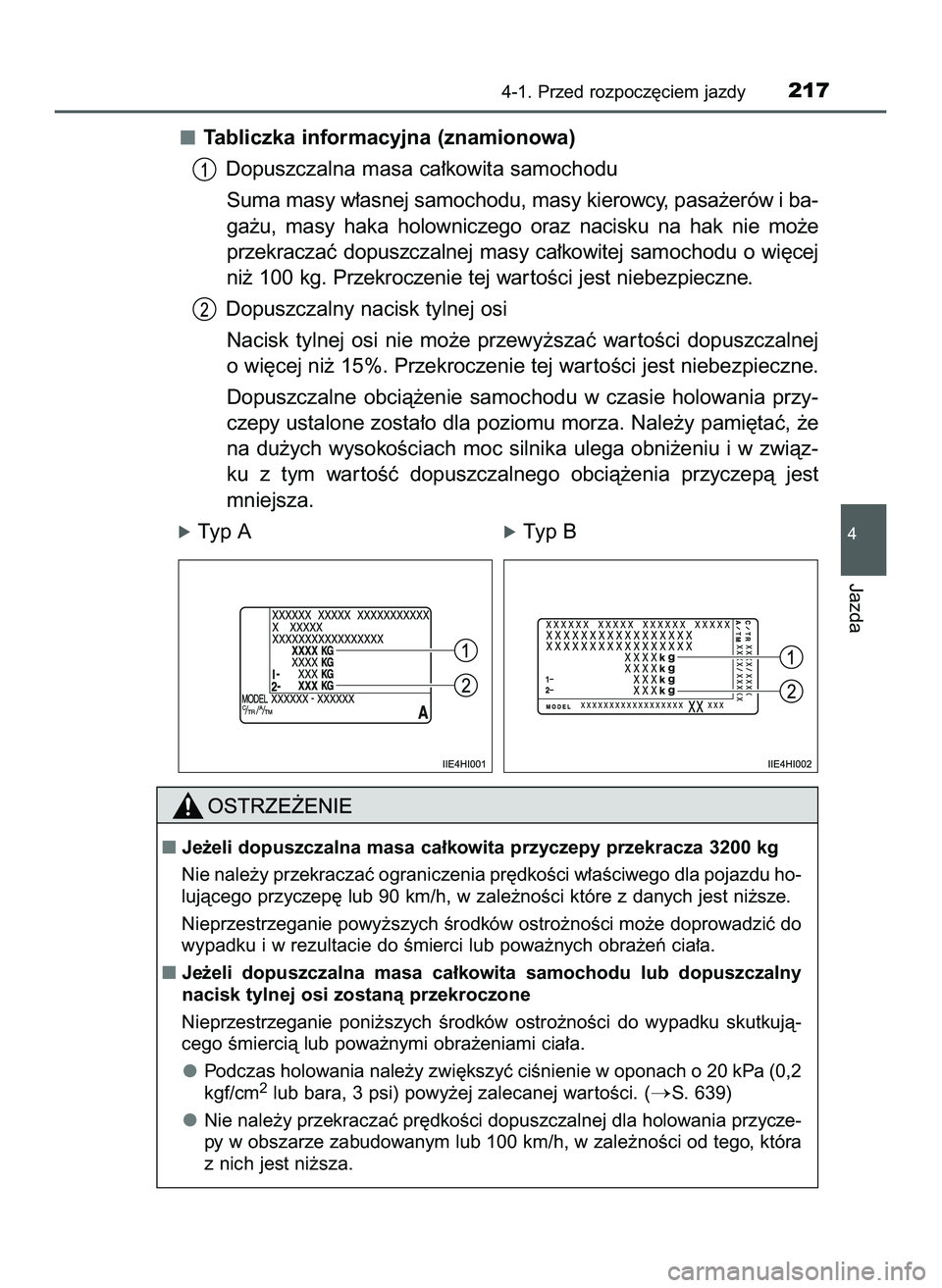 TOYOTA HILUX 2022  Instrukcja obsługi (in Polish) Tabliczka informacyjna (znamionowa)
Dopuszczalna masa ca∏kowita samochodu
Suma masy w∏asnej samochodu, masy kierowcy, pasa˝erów i ba-
ga˝u,  masy  haka  holowniczego  oraz  nacisku  na  hak  ni