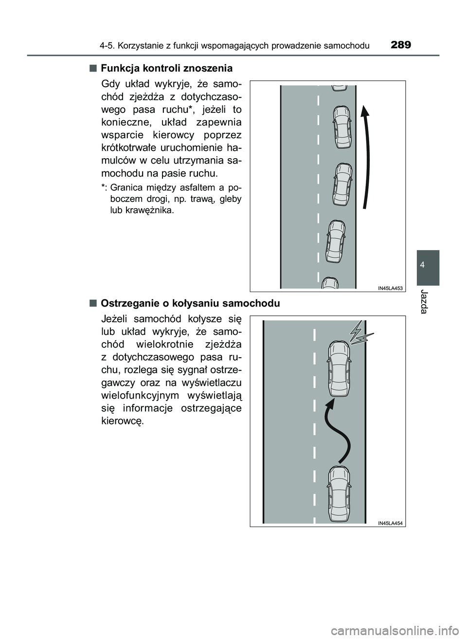 TOYOTA HILUX 2022  Instrukcja obsługi (in Polish) Funkcja kontroli znoszenia
Gdy  uk∏ad  wykryje,  ˝e  samo-
chód  zje˝d˝a  z dotychczaso-
wego  pasa  ruchu*,  je˝eli  to
konieczne,  uk∏ad  zapewnia
wsparcie  kierowcy  poprzez
krótkotrwa∏