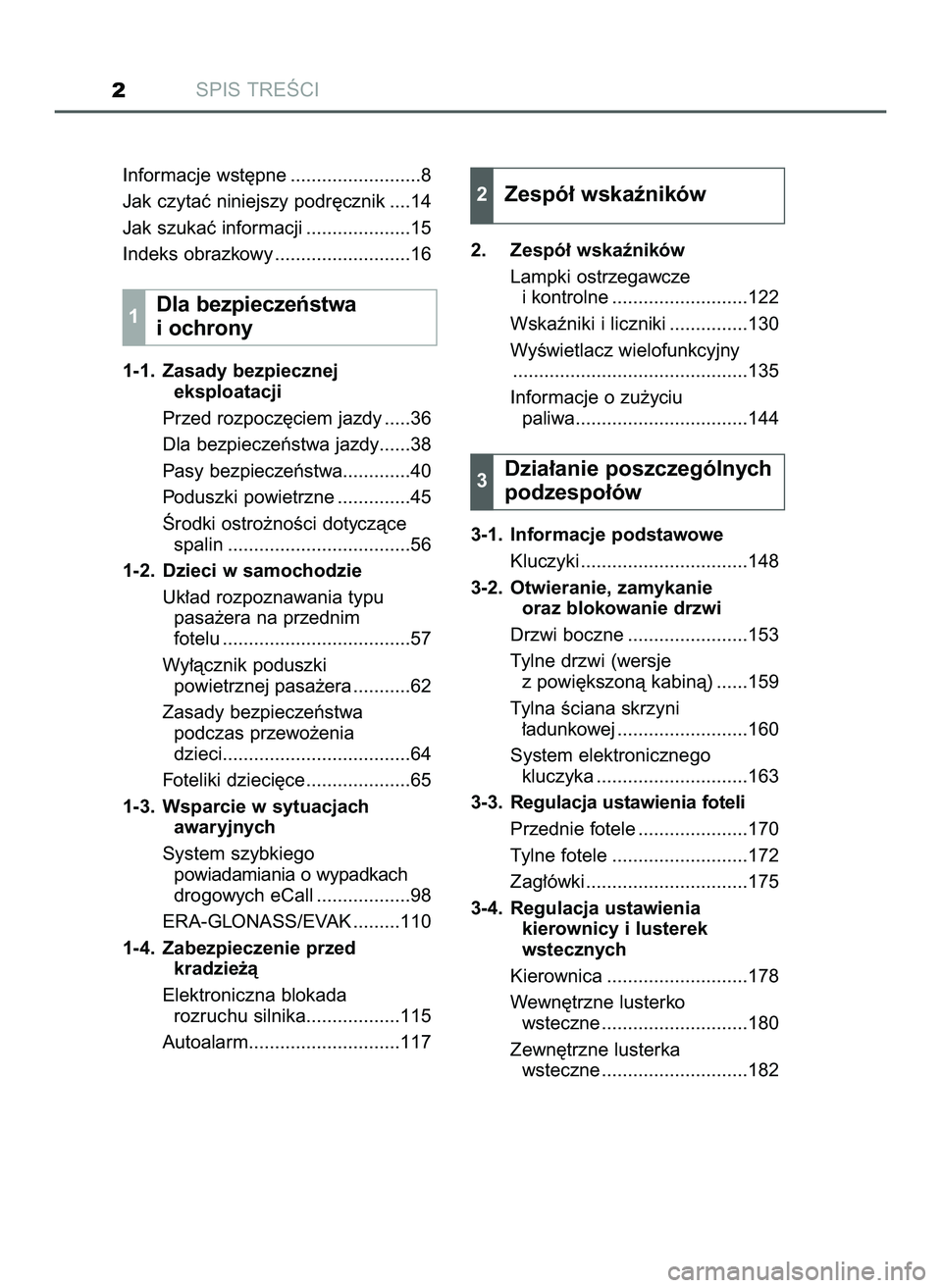 TOYOTA HILUX 2022 Instrukcja obsługi (in Polish) SPIS TREÂCI2
Informacje wst´pne .........................8
Jak czytaç niniejszy podr´cznik ....14
Jak szukaç informacji ....................15
Indeks obrazkowy ..........................16
1-1. Z TOYOTA HILUX 2022 Instrukcja obsługi (in Polish) SPIS TREÂCI2
Informacje wst´pne .........................8
Jak czytaç niniejszy podr´cznik ....14
Jak szukaç informacji ....................15
Indeks obrazkowy ..........................16
1-1. Z