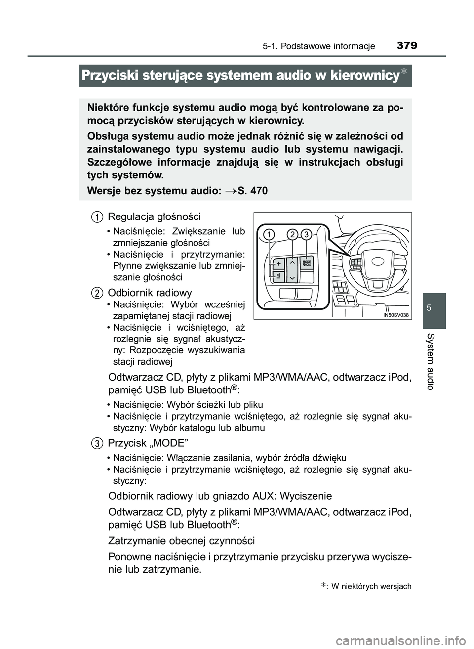 TOYOTA HILUX 2022  Instrukcja obsługi (in Polish) Regulacja g∏oÊnoÊci
• NaciÊni´cie:  Zwi´kszanie  lub
zmniejszanie g∏oÊnoÊci
• NaciÊni´cie  i przytrzymanie:
P∏ynne zwi´kszanie lub zmniej-
szanie g∏oÊnoÊci
Odbiornik radiowy
