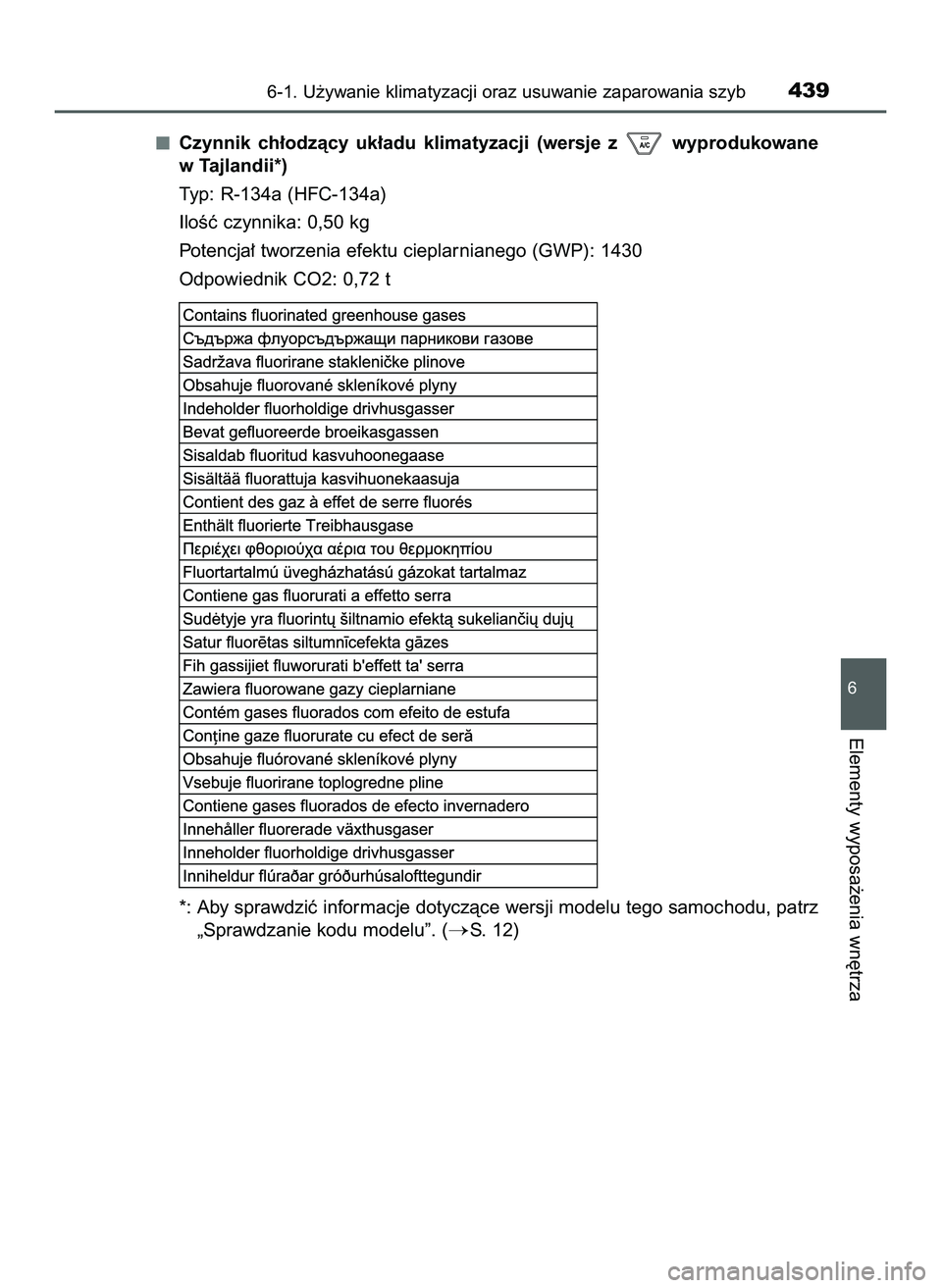 TOYOTA HILUX 2022  Instrukcja obsługi (in Polish) Czynnik  ch∏odzàcy  uk∏adu  klimatyzacji  (wersje  z wyprodukowane
w Tajlandii*)
Typ: R-134a (HFC-134a)
IloÊç czynnika: 0,50 kg
Potencja∏ tworzenia efektu cieplarnianego (GWP): 1430
Odpowiedn