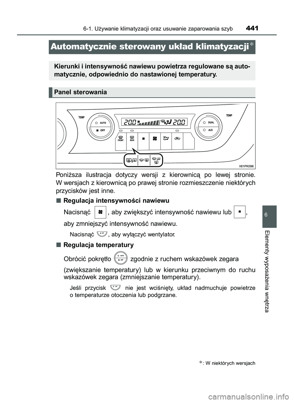 TOYOTA HILUX 2022  Instrukcja obsługi (in Polish) Poni˝sza  ilustracja  dotyczy  wersji  z kierownicà  po  lewej  stronie.
W wersjach z kierownicà po prawej stronie rozmieszczenie niektórych
przycisków jest inne.
Regulacja intensywnoÊci nawiewu