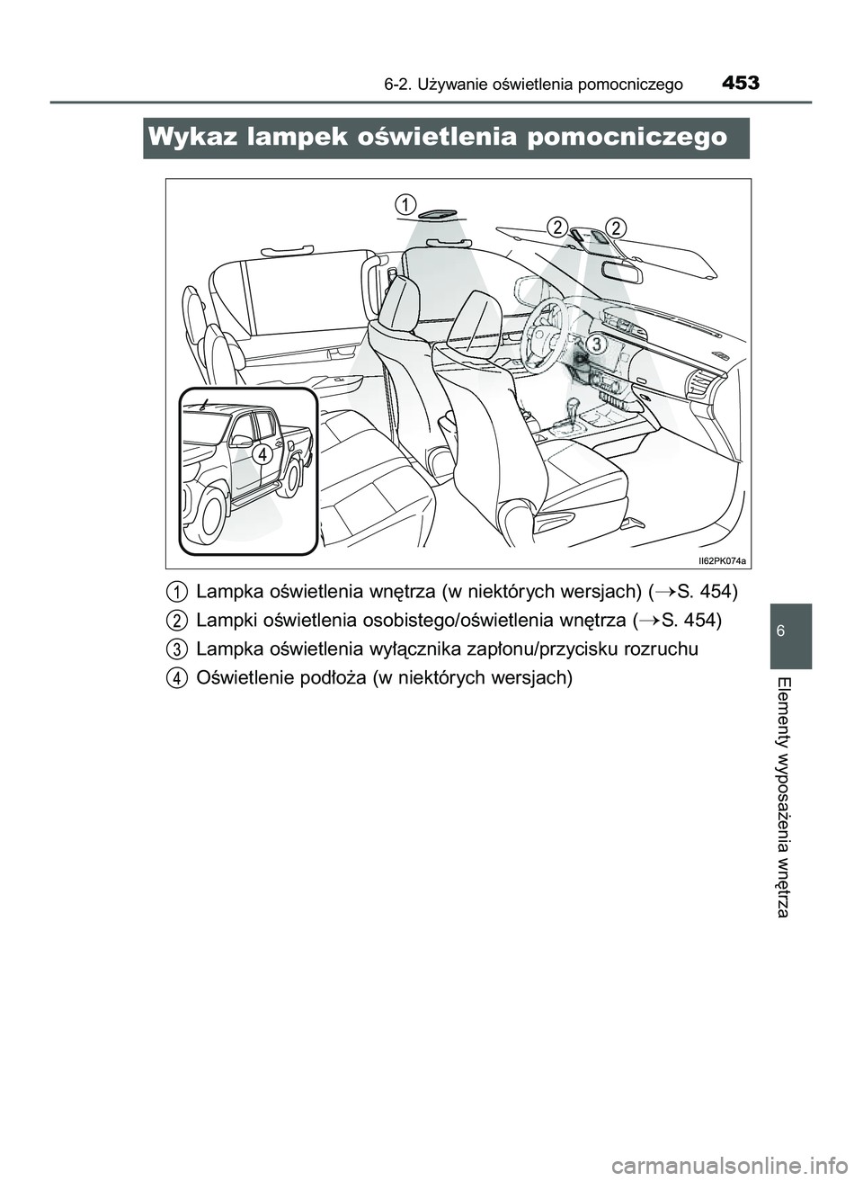 TOYOTA HILUX 2022  Instrukcja obsługi (in Polish) Lampka oÊwietlenia wn´trza (w niektórych wersjach) (S. 454)
Lampki oÊwietlenia osobistego/oÊwietlenia wn´trza (
S. 454)
Lampka oÊwietlenia wy∏àcznika zap∏onu/przycisku rozruchu
OÊwietle