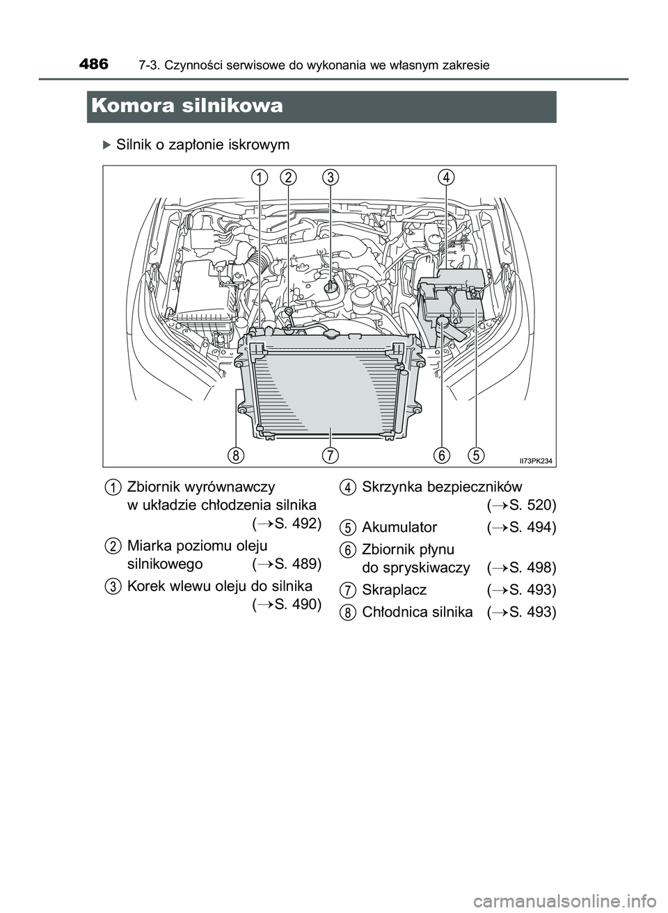 TOYOTA HILUX 2022  Instrukcja obsługi (in Polish) óSilnik o zap∏onie iskrowym
4867-3. CzynnoÊci serwisowe do wykonania we w∏asnym zakresie
Komora silnikowa
Zbiornik wyrównawczy
w uk∏adzie ch∏odzenia silnika 
(
S. 492)
Miarka poziomu oleju