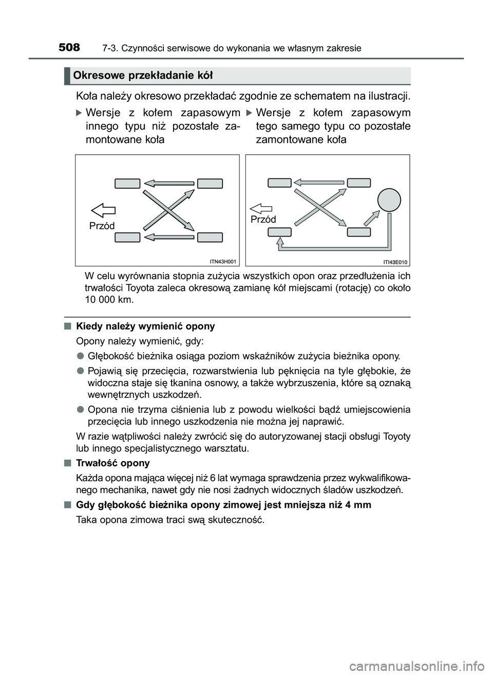 TOYOTA HILUX 2022  Instrukcja obsługi (in Polish) Ko∏a nale˝y okresowo przek∏adaç zgodnie ze schematem na ilustracji.
W celu wyrównania stopnia zu˝ycia wszystkich opon oraz przed∏u˝enia ich
trwa∏oÊci Toyota zaleca okresowà zamian´ kó