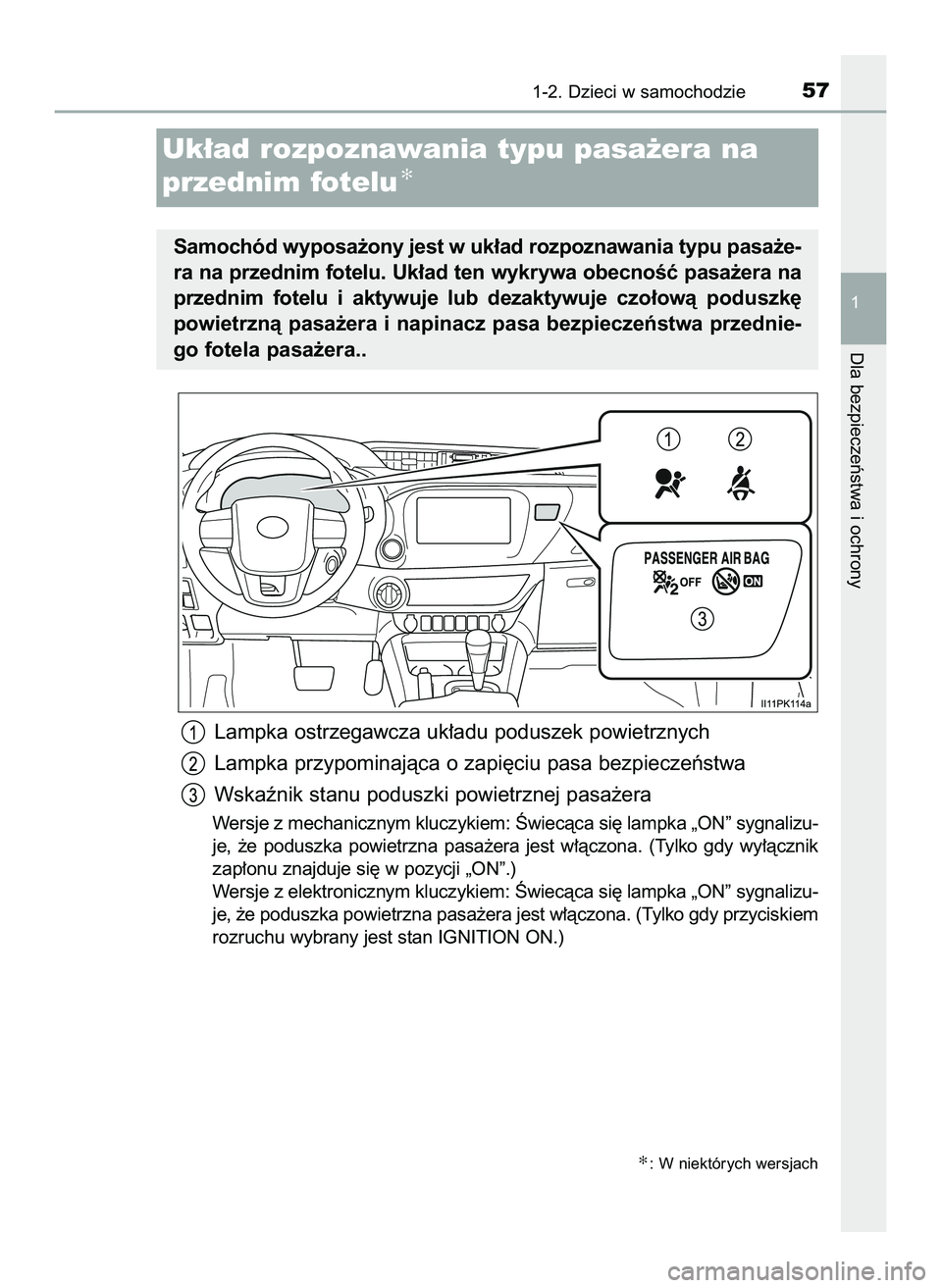 TOYOTA HILUX 2022  Instrukcja obsługi (in Polish) Lampka ostrzegawcza uk∏adu poduszek powietrznych
Lampka przypominajàca o zapi´ciu pasa bezpieczeƒstwa
Wskaênik stanu poduszki powietrznej pasa˝era
Wersje z mechanicznym kluczykiem: Âwiecàca s