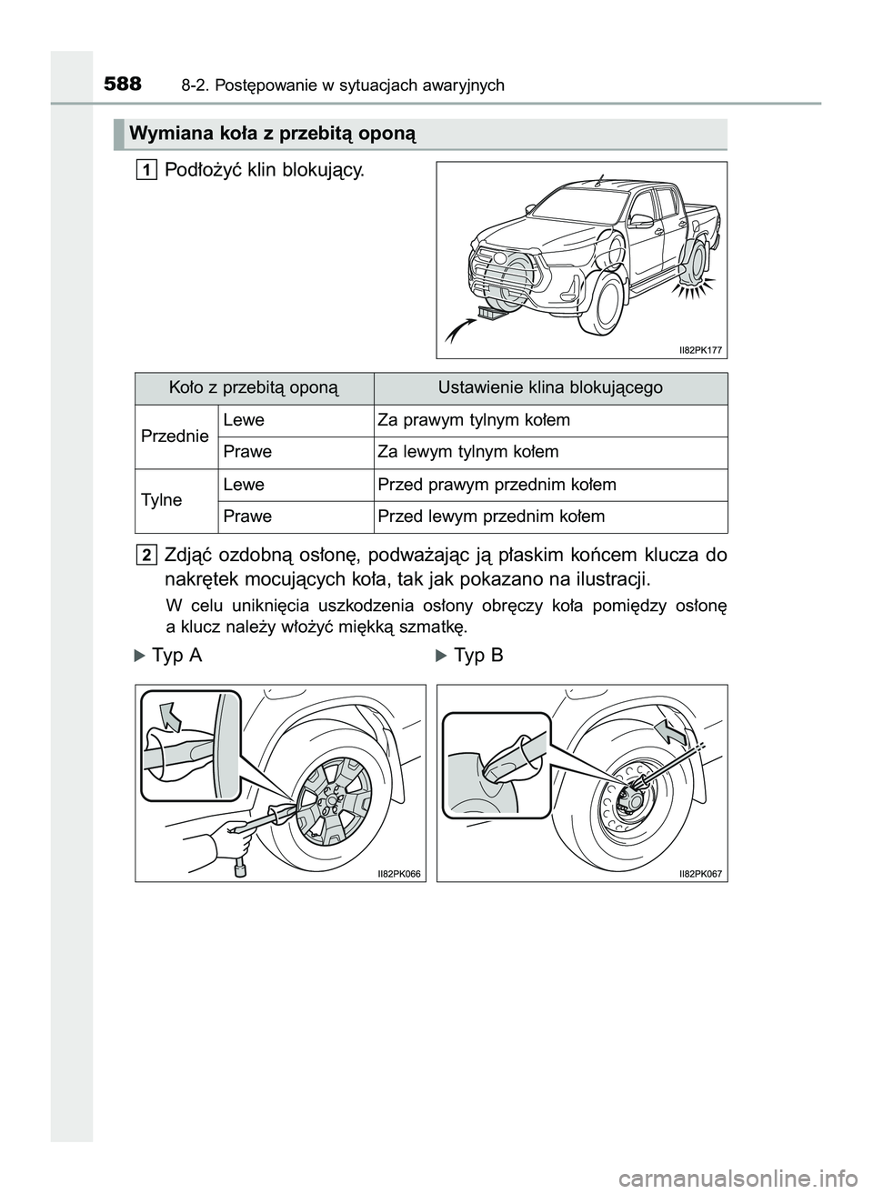 TOYOTA HILUX 2022  Instrukcja obsługi (in Polish) Pod∏o˝yç klin blokujàcy.
Zdjàç  ozdobnà  os∏on´,  podwa˝ajàc  jà  p∏askim  koƒcem  klucza  do
nakr´tek mocujàcych ko∏a, tak jak pokazano na ilustracji.
W celu  unikni´cia  uszkod