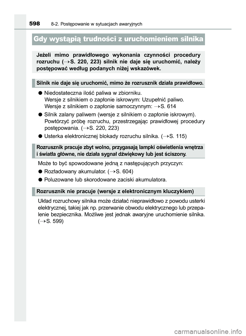 TOYOTA HILUX 2022  Instrukcja obsługi (in Polish) Niedostateczna iloÊç paliwa w zbiorniku.
Wersje z silnikiem o zap∏onie iskrowym: Uzupe∏niç paliwo.
Wersje z silnikiem o zap∏onie samoczynnym: 
S. 614
Silnik zalany paliwem (wersje z silnikie
