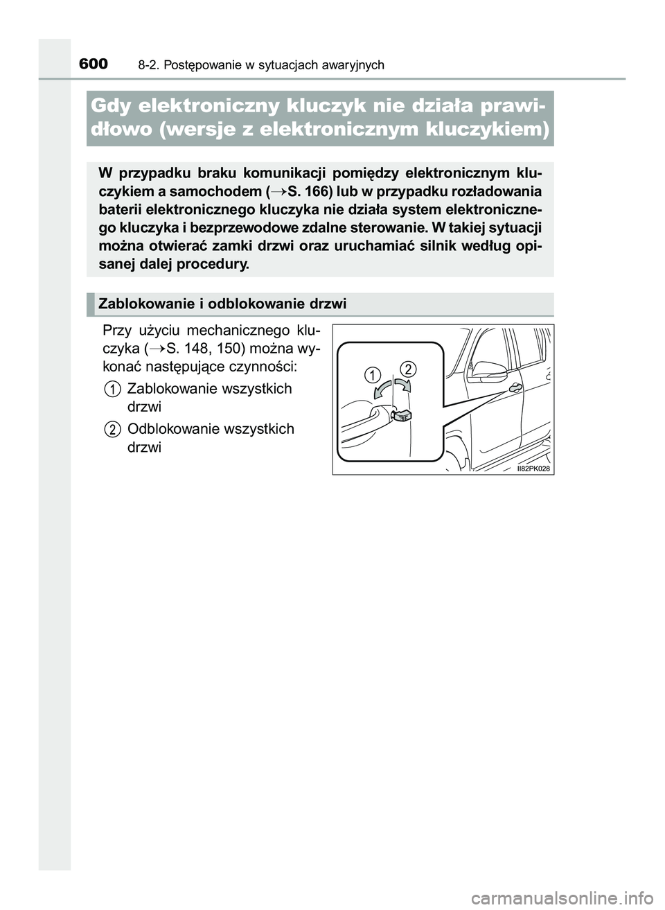 TOYOTA HILUX 2022  Instrukcja obsługi (in Polish) Przy  u˝yciu  mechanicznego  klu-
czyka (
S. 148, 150) mo˝na wy-
konaç nast´pujàce czynnoÊci:
Zablokowanie wszystkich
drzwi
Odblokowanie wszystkich
drzwi
6008-2. Post´powanie w sytuacjach awar
