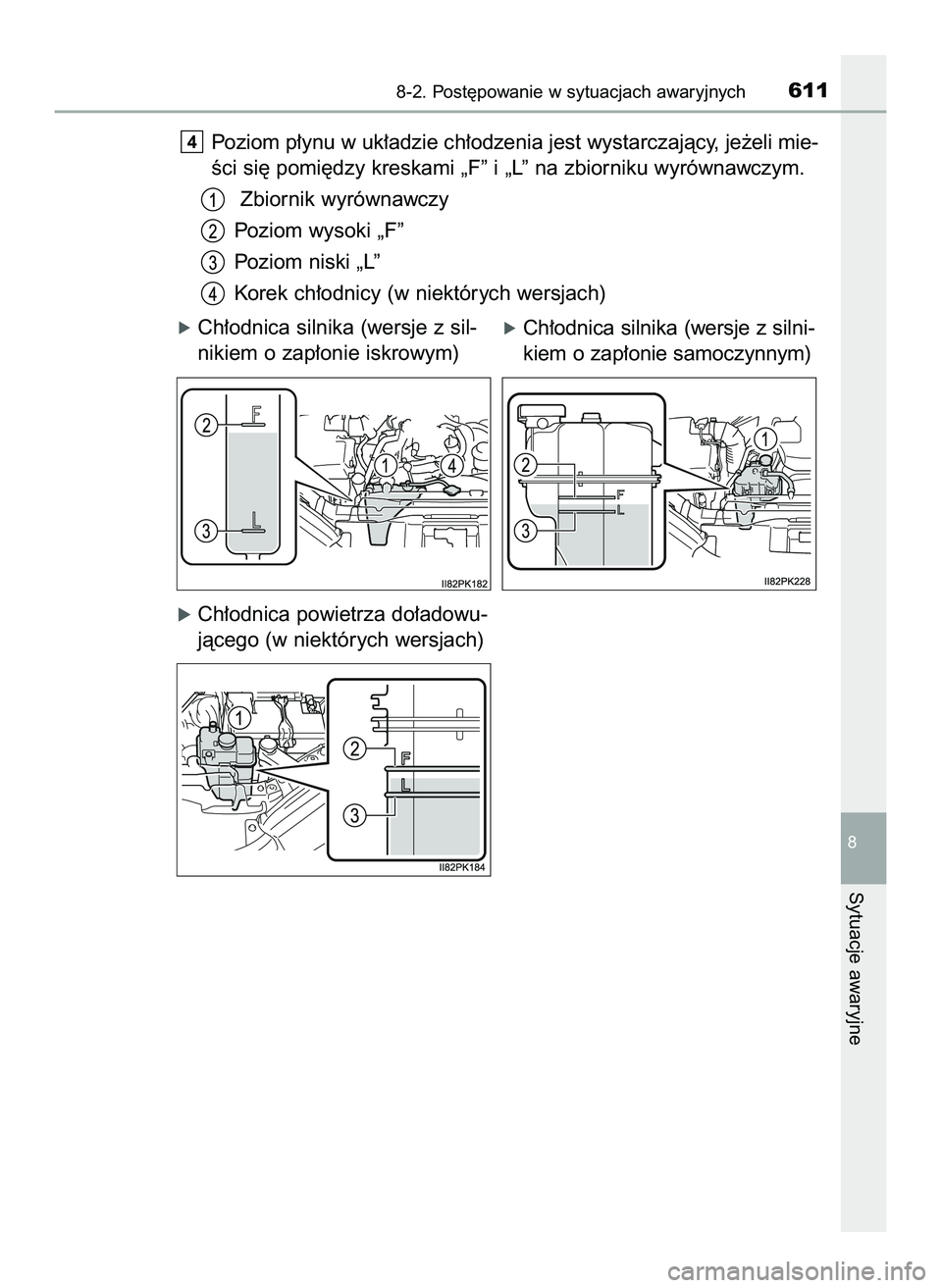 TOYOTA HILUX 2022  Instrukcja obsługi (in Polish) Poziom p∏ynu w uk∏adzie ch∏odzenia jest wystarczajàcy, je˝eli mie-
Êci si´ pomi´dzy kreskami „F” i „L” na zbiorniku wyrównawczym.
Zbiornik wyrównawczy
Poziom wysoki „F”
Poziom