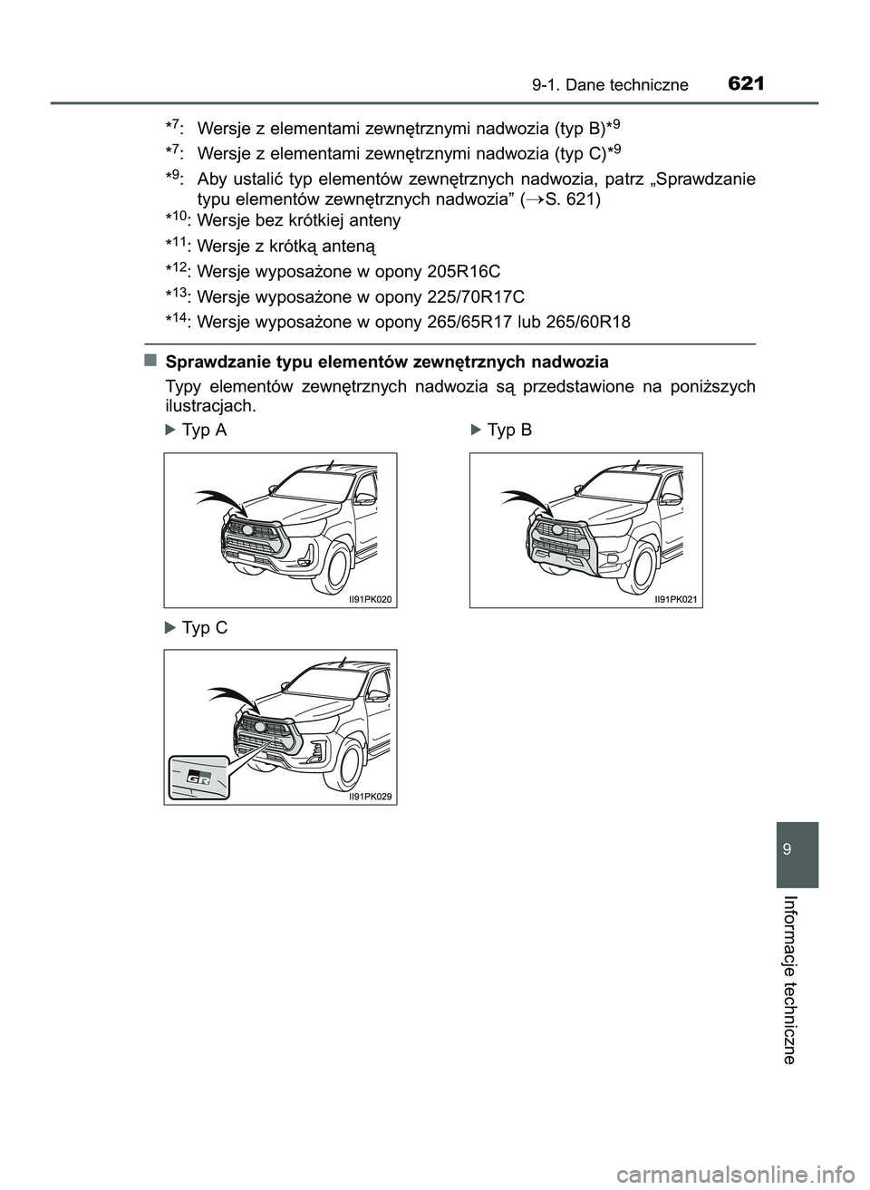 TOYOTA HILUX 2022  Instrukcja obsługi (in Polish) *7: Wersje z elementami zewn´trznymi nadwozia (typ B)*9
*7: Wersje z elementami zewn´trznymi nadwozia (typ C)*9
*9: Aby  ustaliç  typ  elementów  zewn´trznych  nadwozia,  patrz  „Sprawdzanie
ty