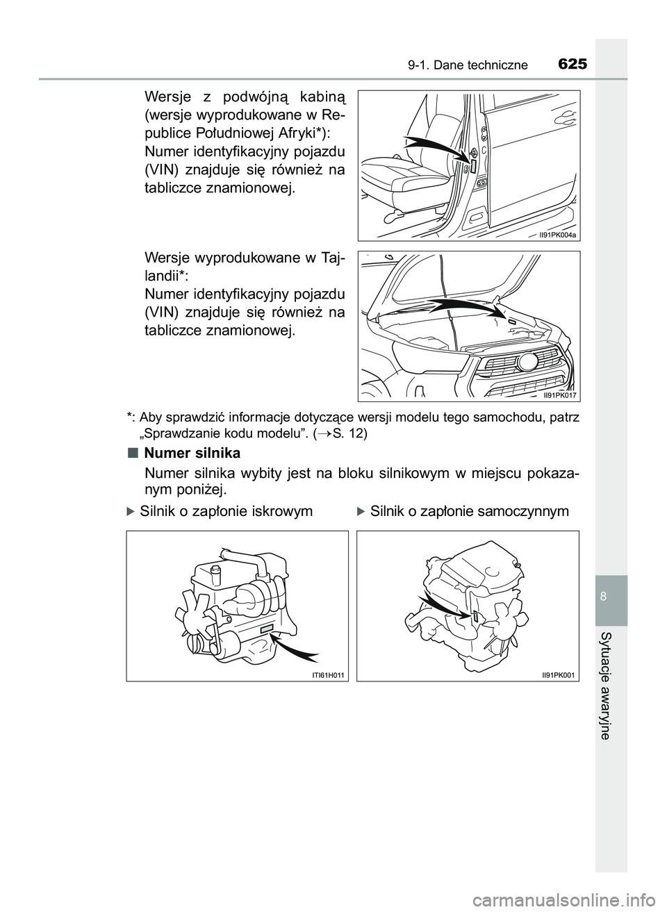 TOYOTA HILUX 2022  Instrukcja obsługi (in Polish) Wersje  z podwójnà  kabinà
(wersje wyprodukowane w Re-
publice Po∏udniowej Afryki*):
Numer  identyfikacyjny  pojazdu
(VIN)  znajduje  si´  równie˝  na
tabliczce znamionowej.
Wersje  wyprodukow