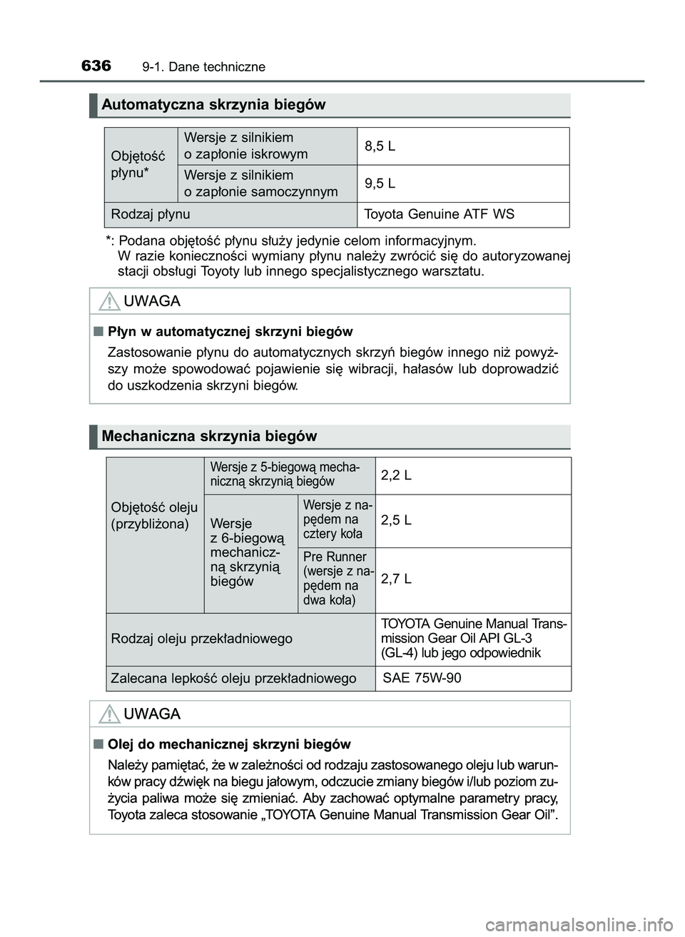 TOYOTA HILUX 2022  Instrukcja obsługi (in Polish) *: Podana obj´toÊç p∏ynu s∏u˝y jedynie celom informacyjnym.
W razie  koniecznoÊci  wymiany  p∏ynu  nale˝y  zwróciç  si´  do  autoryzowanej
stacji obs∏ugi Toyoty lub innego specjalisty