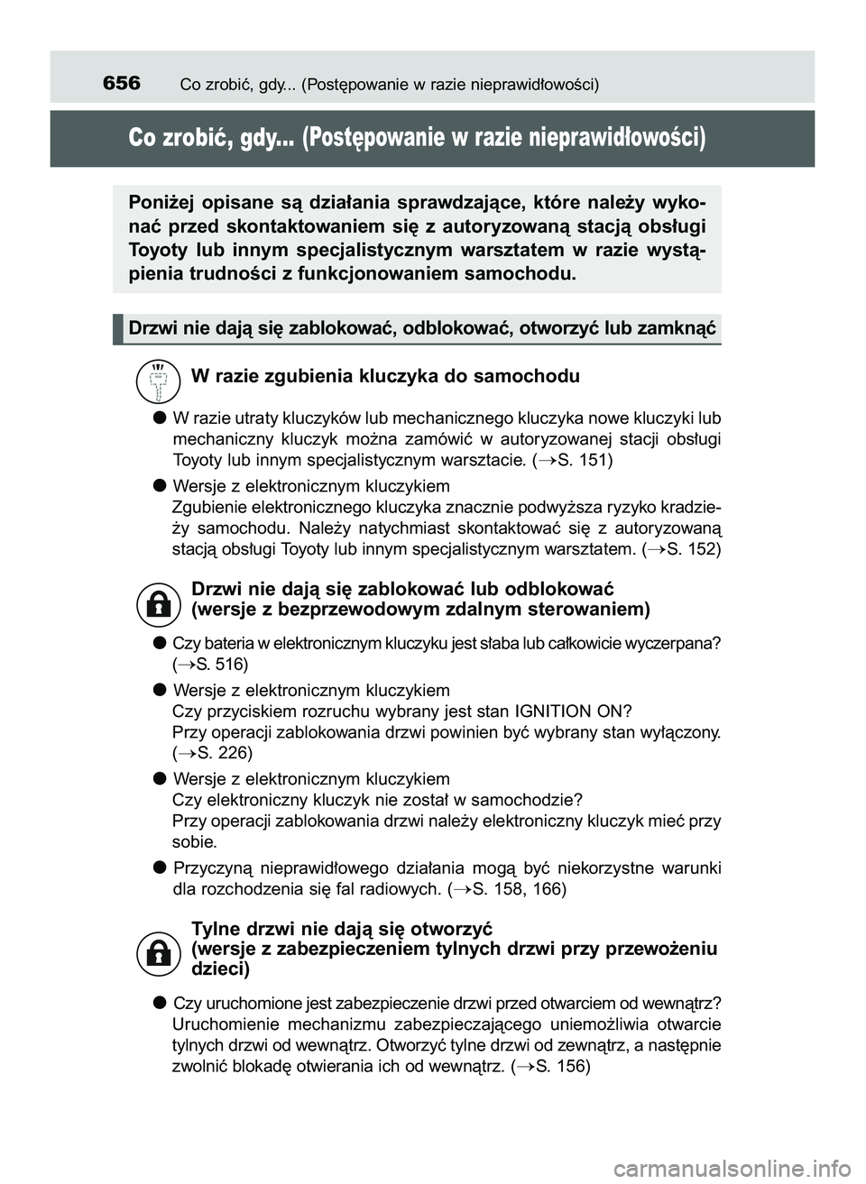 TOYOTA HILUX 2022  Instrukcja obsługi (in Polish) Co zrobiç, gdy... (Post´powanie w razie nieprawid∏owoÊci)656
Co zrobiç, gdy...(Post´powanie w razie nieprawid∏owoÊci)
W razie zgubienia kluczyka do samochodu
W razie utraty kluczyków lub me