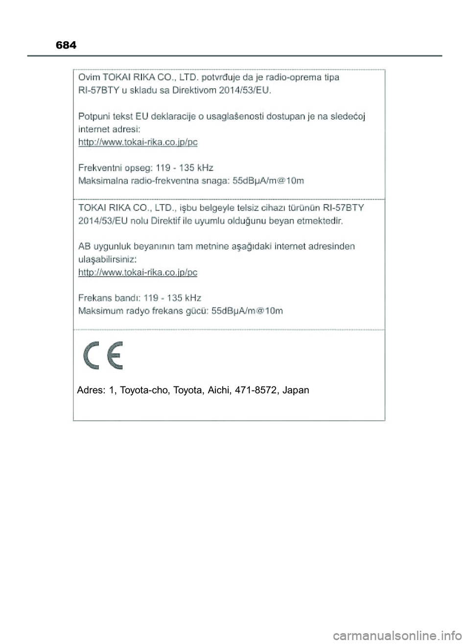 TOYOTA HILUX 2022 Instrukcja obsługi (in Polish) 684
Adres: 1, Toyota-cho, Toyota, Aichi, 471-8572, Japan
47 Hilux OM0K513E 10/21/21 3:25 PM Page 684 (Black plate) TOYOTA HILUX 2022 Instrukcja obsługi (in Polish) 684
Adres: 1, Toyota-cho, Toyota, Aichi, 471-8572, Japan
47 Hilux OM0K513E 10/21/21 3:25 PM Page 684 (Black plate)