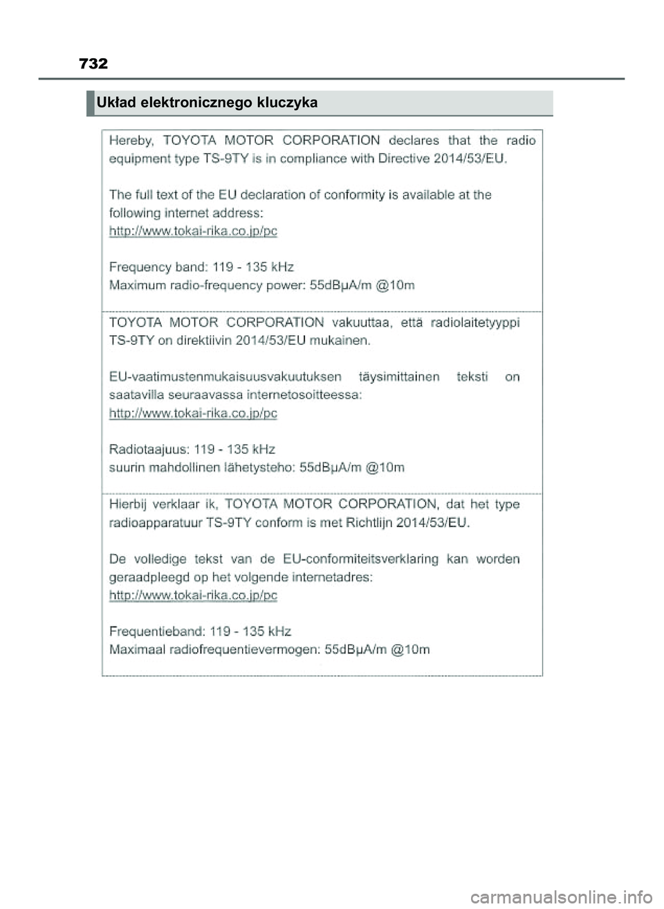 TOYOTA HILUX 2022  Instrukcja obsługi (in Polish) 732
Uk∏ad elektronicznego kluczyka
47 Hilux OM0K513E  10/21/21  3:25 PM  Page 732    (Black plate) 