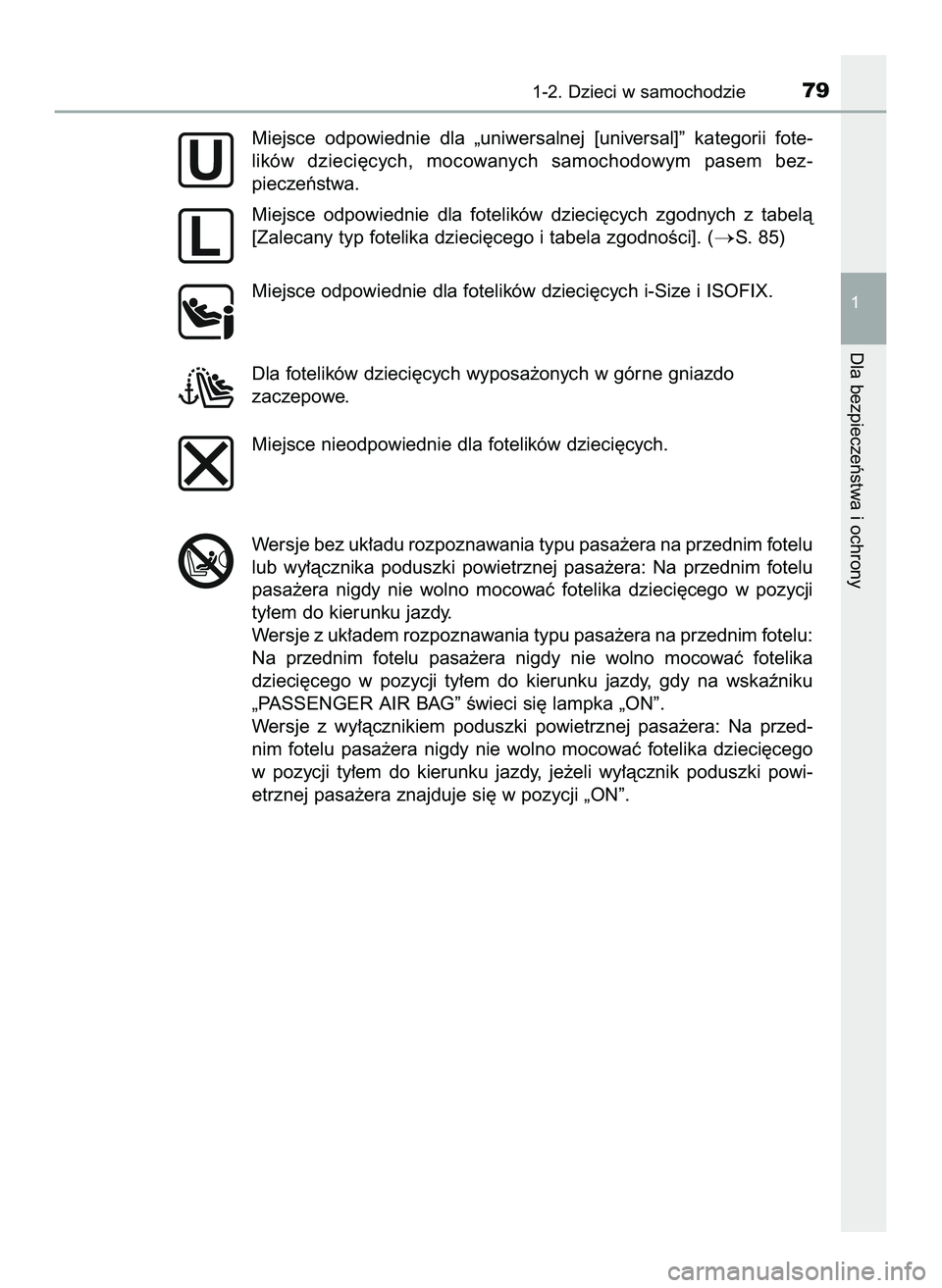 TOYOTA HILUX 2022  Instrukcja obsługi (in Polish) 1-2. Dzieci w samochodzie79
1
Dla bezpieczeƒstwa i ochrony
Miejsce  odpowiednie  dla  „uniwersalnej  [universal]”  kategorii  fote-
lików  dzieci´cych,  mocowanych  samochodowym  pasem  bez-
pi