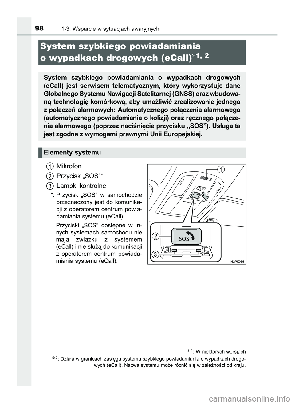 TOYOTA HILUX 2022  Instrukcja obsługi (in Polish) Mikrofon
Przycisk „SOS”*
Lampki kontrolne
*: Przycisk  „SOS”  w samochodzie
przeznaczony  jest  do  komunika-
cji  z operatorem  centrum  powia-
damiania systemu (eCall).
Przyciski  „SOS” 
