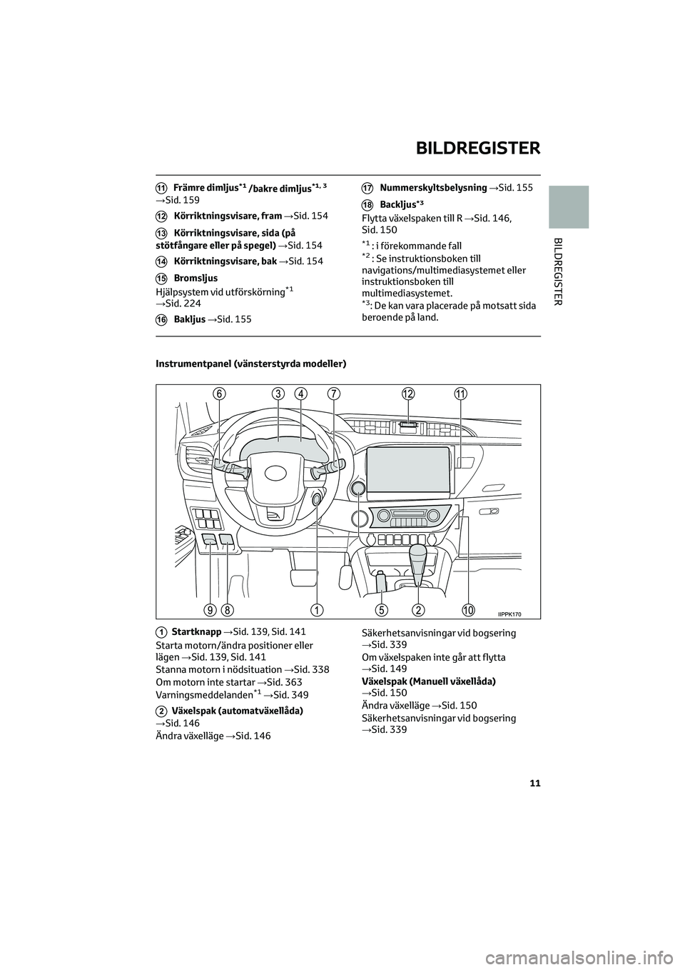 TOYOTA HILUX 2022  Bruksanvisningar (in Swedish) 11Främre dimljus*1/bakre dimljus*1, 3
→Sid. 159
12Körriktningsvisare, fram→Sid. 154
13Körriktningsvisare, sida (på
stötfångare eller på spegel)→Sid. 154
14Körriktningsvisare, bak→Sid. 