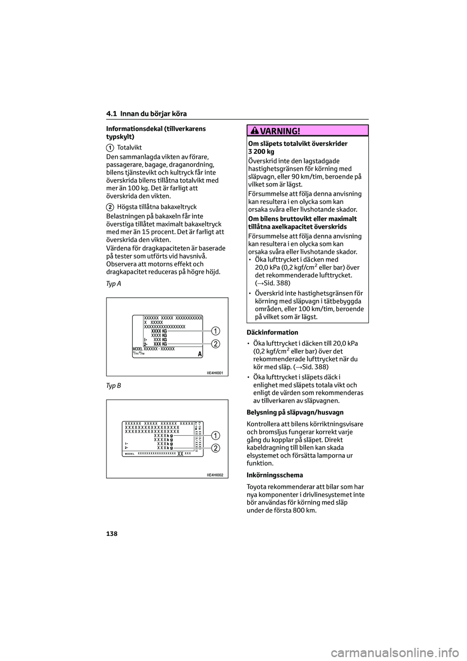 TOYOTA HILUX 2022 Bruksanvisningar (in Swedish) Informationsdekal (tillverkarens
typskylt)
1Totalvikt
Den sammanlagda vikten av förare,
passagerare, bagage, draganordning,
bilens tjänstevikt och kultryck får inte
överskrida bilens tillåtna tot TOYOTA HILUX 2022 Bruksanvisningar (in Swedish) Informationsdekal (tillverkarens
typskylt)
1Totalvikt
Den sammanlagda vikten av förare,
passagerare, bagage, draganordning,
bilens tjänstevikt och kultryck får inte
överskrida bilens tillåtna tot