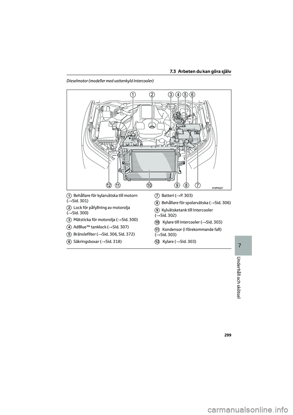 TOYOTA HILUX 2022  Bruksanvisningar (in Swedish) Dieselmotor (modeller med vattenkyld intercooler)
1Behållare för kylarvätska till motorn
(→Sid. 301)
2Lock för påfyllning av motorolja
(→Sid. 300)
3Mätsticka för motorolja (→Sid. 300)
4Ad