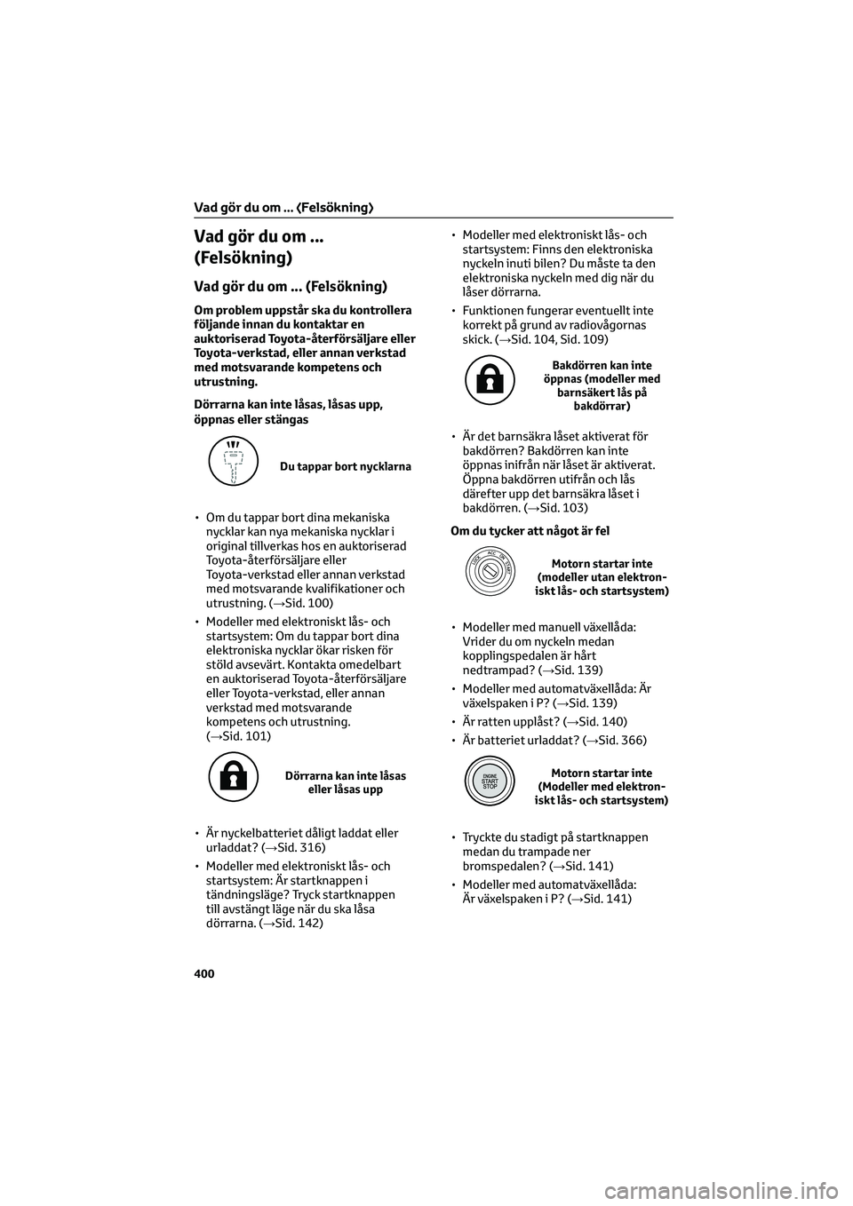 TOYOTA HILUX 2022 Bruksanvisningar (in Swedish) Vad gör du om ...
(Felsökning)
Vad gör du om ... (Felsökning)
Om problem uppstår ska du kontrollera
följande innan du kontaktar en
auktoriserad Toyota-återförsäljare eller
Toyota-verkstad, el TOYOTA HILUX 2022 Bruksanvisningar (in Swedish) Vad gör du om ...
(Felsökning)
Vad gör du om ... (Felsökning)
Om problem uppstår ska du kontrollera
följande innan du kontaktar en
auktoriserad Toyota-återförsäljare eller
Toyota-verkstad, el
