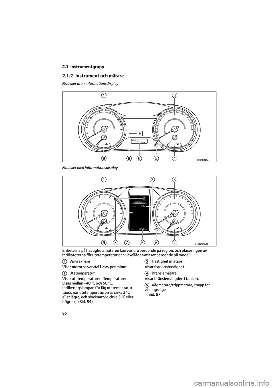 TOYOTA HILUX 2022 Bruksanvisningar (in Swedish) 2.1.2 Instrument och mätare
Modeller utan informationsdisplay
Modeller med informationsdisplay
1Varvräknare
Visar motorns varvtal i varv per minut.
2Utetemperatur
Visar utetemperaturen. Temperaturer TOYOTA HILUX 2022 Bruksanvisningar (in Swedish) 2.1.2 Instrument och mätare
Modeller utan informationsdisplay
Modeller med informationsdisplay
1Varvräknare
Visar motorns varvtal i varv per minut.
2Utetemperatur
Visar utetemperaturen. Temperaturer