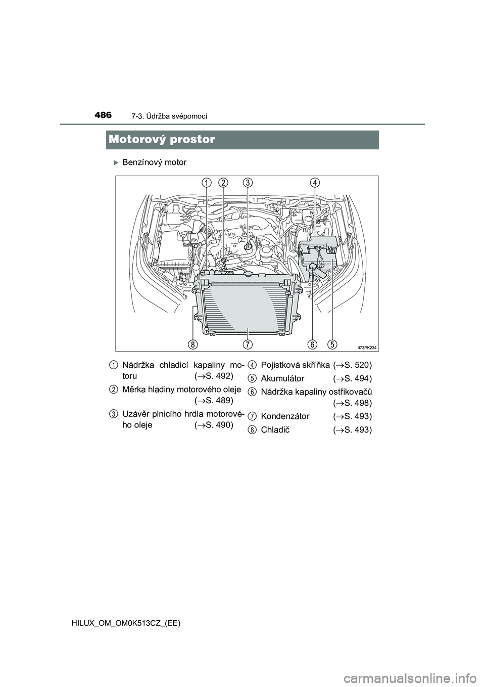 TOYOTA HILUX 2022 Návod na použití (in Czech) 4867-3. Údržba svépomocí
HILUX_OM_OM0K513CZ_(EE)
Motorový prostor
Benzínový motor
Nádržka chladicí kapaliny mo-
toru ( S. 492)
Měrka hladiny motorového oleje
( S. 489)
Uz TOYOTA HILUX 2022 Návod na použití (in Czech) 4867-3. Údržba svépomocí
HILUX_OM_OM0K513CZ_(EE)
Motorový prostor
Benzínový motor
Nádržka chladicí kapaliny mo-
toru ( S. 492)
Měrka hladiny motorového oleje
( S. 489)
Uz