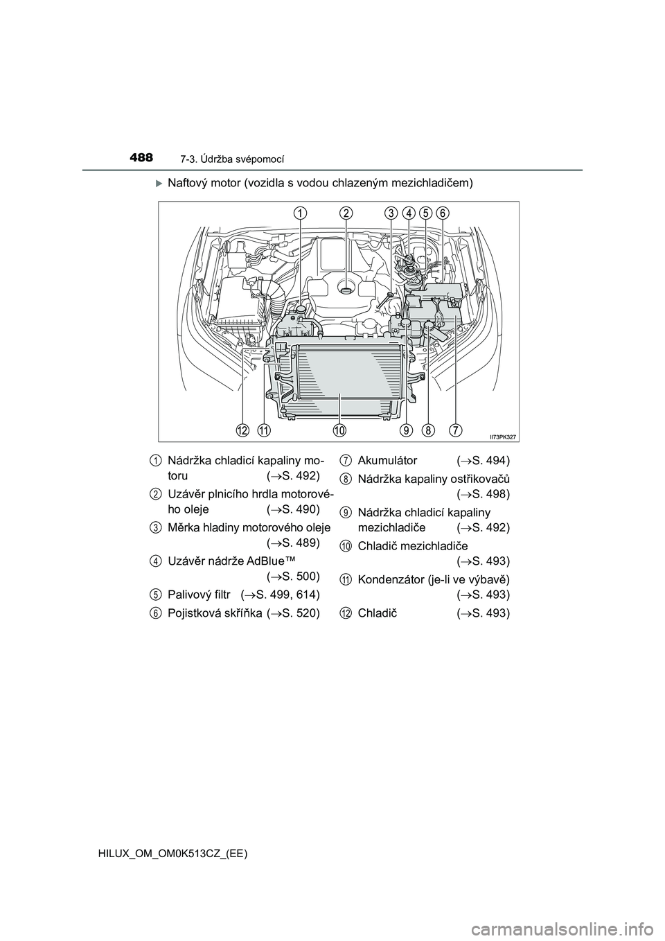 TOYOTA HILUX 2022 Návod na použití (in Czech) 4887-3. Údržba svépomocí
HILUX_OM_OM0K513CZ_(EE)
Naftový motor (vozidla s vodou chlazeným mezichladičem)
Nádržka chladicí kapaliny mo-
toru ( S. 492)
Uzávěr plnicího hrdla motoro TOYOTA HILUX 2022 Návod na použití (in Czech) 4887-3. Údržba svépomocí
HILUX_OM_OM0K513CZ_(EE)
Naftový motor (vozidla s vodou chlazeným mezichladičem)
Nádržka chladicí kapaliny mo-
toru ( S. 492)
Uzávěr plnicího hrdla motoro