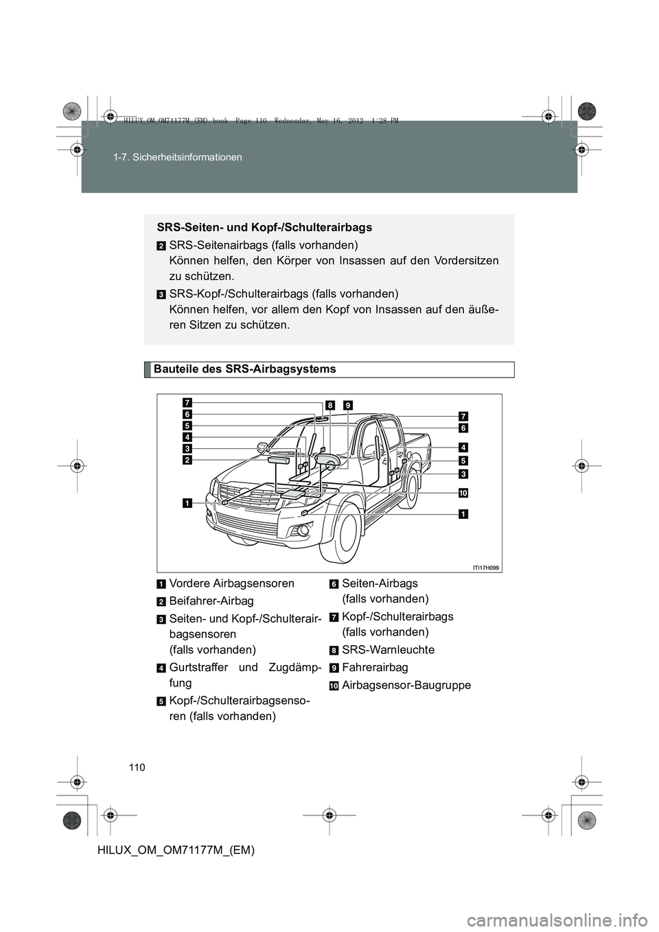 TOYOTA HILUX 2012  Betriebsanleitungen (in German) 110
1-7. Sicherheitsinformationen
HILUX_OM_OM71177M_(EM)
Bauteile des SRS-Airbagsystems
Vordere Airbagsensoren
Beifahrer-Airbag
Seiten- und Kopf-/Schulterair-
bagsensoren 
(falls vorhanden)
Gurtstraff