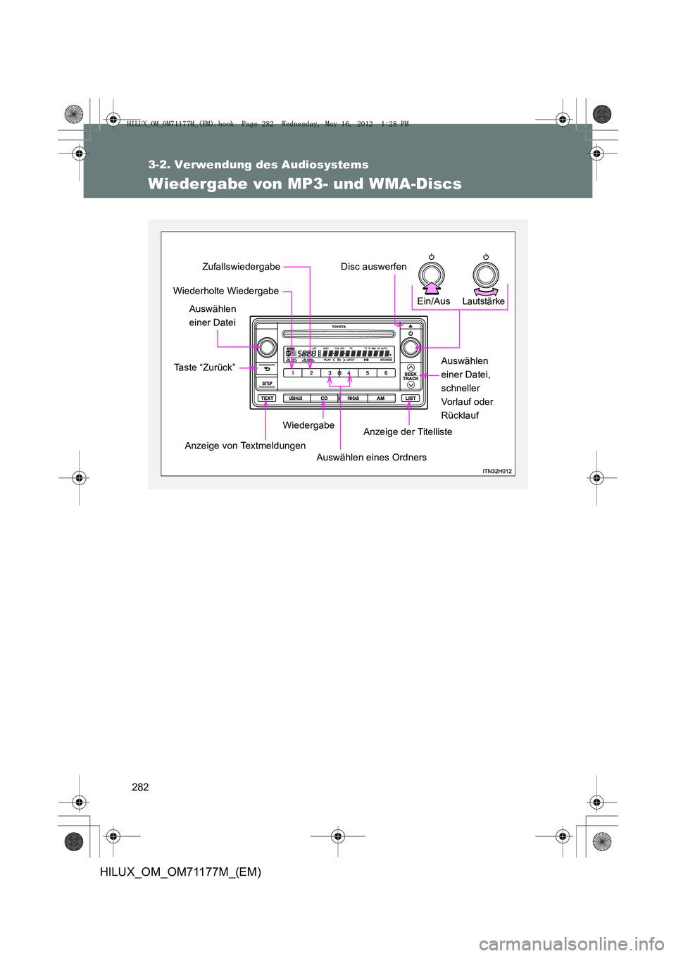 TOYOTA HILUX 2012  Betriebsanleitungen (in German) 282
3-2. Verwendung des Audiosystems
HILUX_OM_OM71177M_(EM)
Wiedergabe von MP3- und WMA-Discs
LautstärkeEin/Aus
Anzeige der TitellisteWiedergabe
Anzeige von Textmeldungen
Taste “Zurück”Auswähle