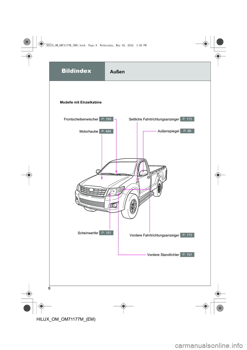 TOYOTA HILUX 2012  Betriebsanleitungen (in German) 8
HILUX_OM_OM71177M_(EM)
BildindexAußen
Modelle mit EinzelkabineFrontscheibenwischer 
P. 199
Außenspiegel P. 88Motorhaube P. 484
Vordere Fahrtrichtungsanzeiger P. 173
Vordere Standlichter P. 191
Sch