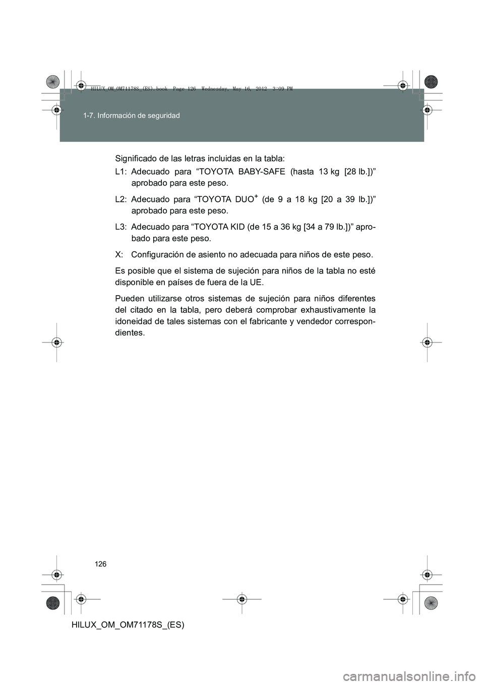 TOYOTA HILUX 2012  Manual del propietario (in Spanish) 126
1-7. Información de seguridad
HILUX_OM_OM71178S_(ES)
Significado de las letras incluidas en la tabla:
L1: Adecuado para “TOYOTA BABY-SAFE (hasta 13 kg [28 lb.])”
aprobado para este peso.
L2: 