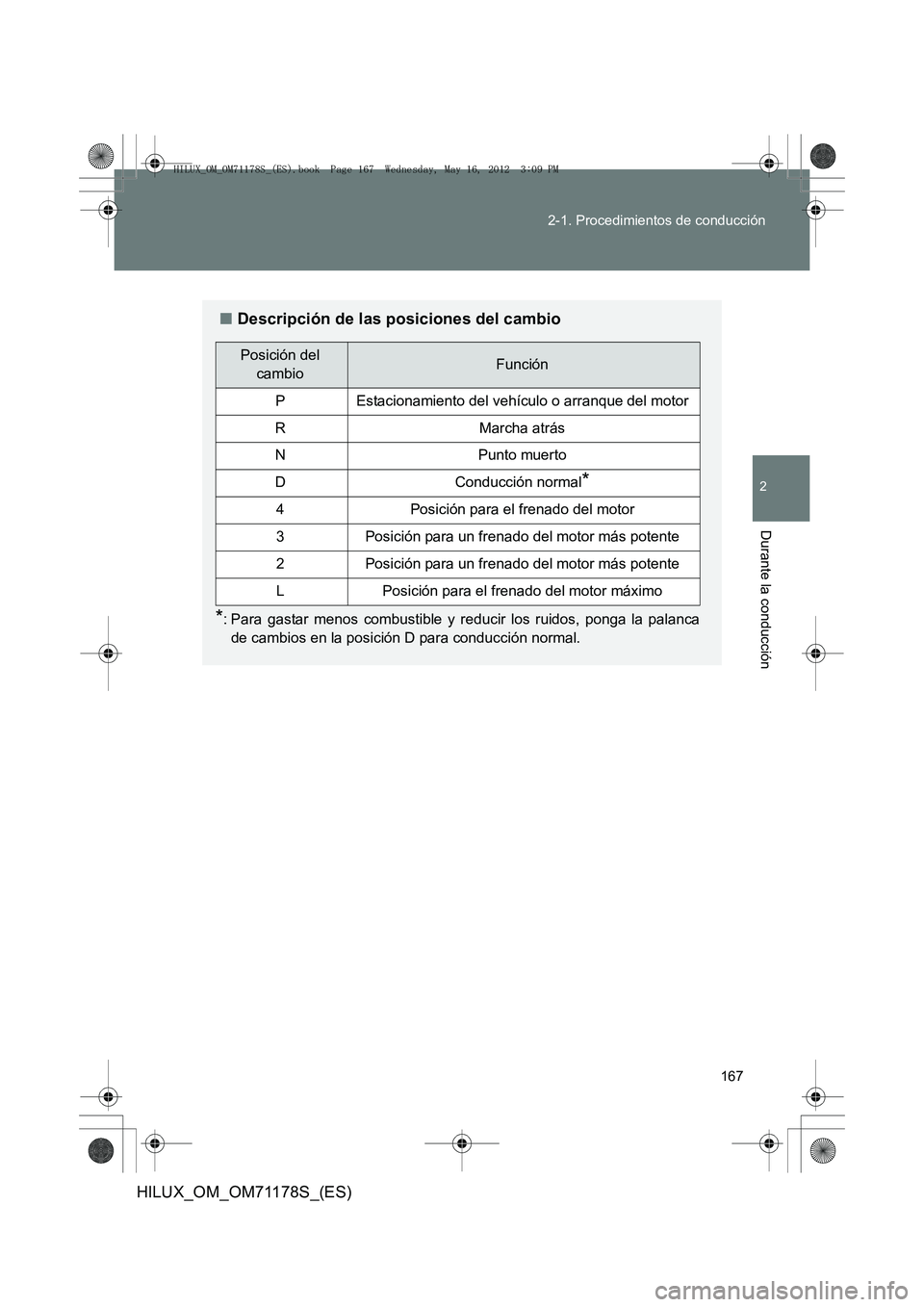 TOYOTA HILUX 2012  Manual del propietario (in Spanish) 167
2-1. Procedimientos de conducción
2
Durante la conducción
HILUX_OM_OM71178S_(ES)
■
Descripción de las posiciones del cambio
*: Para gastar menos combustible y reducir los ruidos, ponga la pal