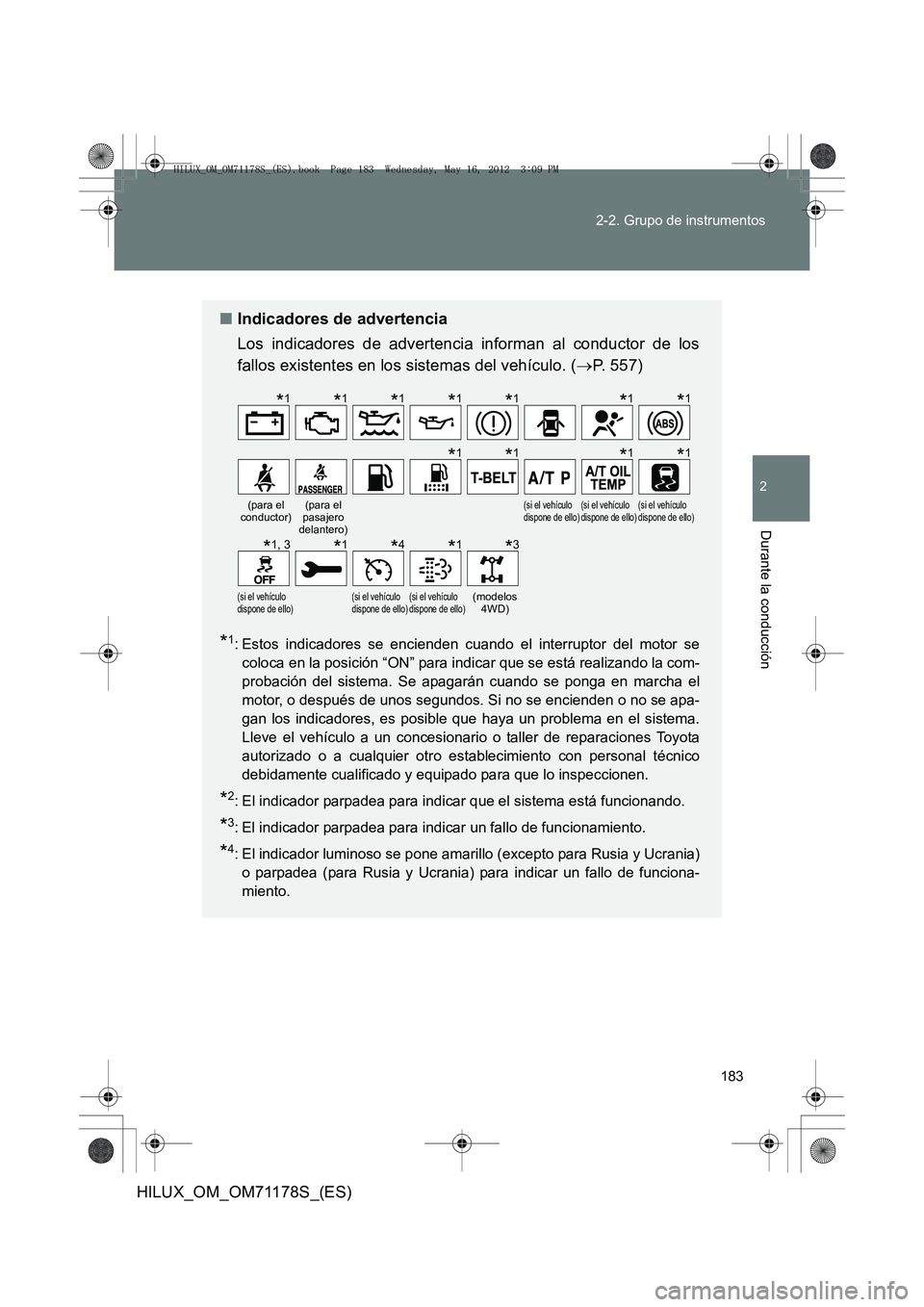TOYOTA HILUX 2012 Manual del propietario (in Spanish) 183
2-2. Grupo de instrumentos
2
Durante la conducción
HILUX_OM_OM71178S_(ES)
■
Indicadores de advertencia
Los indicadores de advertencia informan al conductor de los
fallos existentes en los siste TOYOTA HILUX 2012 Manual del propietario (in Spanish) 183
2-2. Grupo de instrumentos
2
Durante la conducción
HILUX_OM_OM71178S_(ES)
■
Indicadores de advertencia
Los indicadores de advertencia informan al conductor de los
fallos existentes en los siste