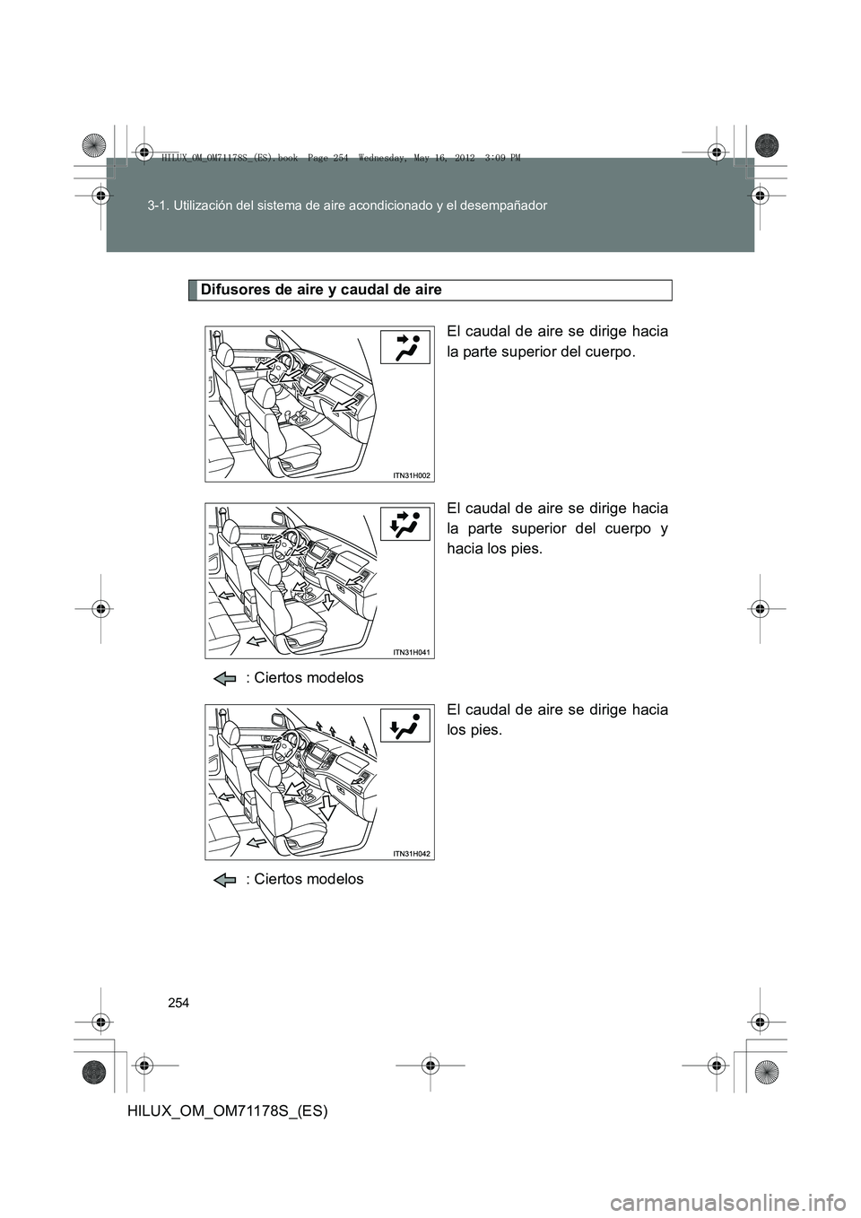 TOYOTA HILUX 2012  Manual del propietario (in Spanish) 254
3-1. Utilización del sistema de aire acondicionado y el desempañador
HILUX_OM_OM71178S_(ES)
Difusores de aire y caudal de aire
El caudal de aire se dirige hacia
la parte superior del cuerpo.
El 