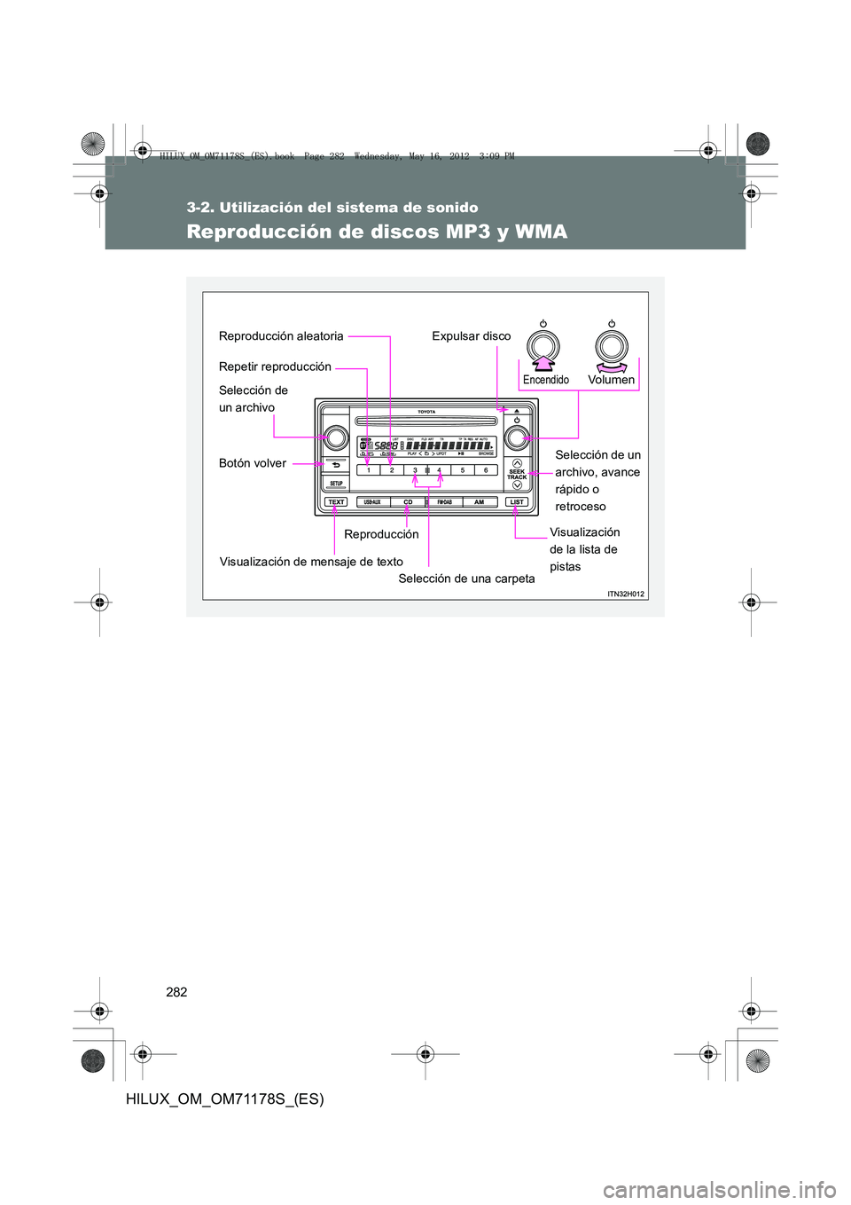 TOYOTA HILUX 2012 Manual del propietario (in Spanish) 282
3-2. Utilización del sistema de sonido
HILUX_OM_OM71178S_(ES)
Reproducción de discos MP3 y WMA
Vo lu m e nEncendido
Visualización
de la lista de
pistasReproducción
Visualización de mensaje d TOYOTA HILUX 2012 Manual del propietario (in Spanish) 282
3-2. Utilización del sistema de sonido
HILUX_OM_OM71178S_(ES)
Reproducción de discos MP3 y WMA
Vo lu m e nEncendido
Visualización
de la lista de
pistasReproducción
Visualización de mensaje d