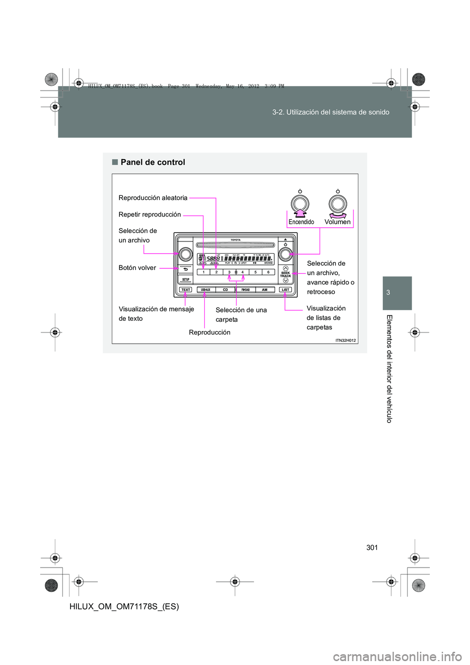 TOYOTA HILUX 2012 Manual del propietario (in Spanish) 301
3-2. Utilización del sistema de sonido
3
Elementos del interior del vehículo
HILUX_OM_OM71178S_(ES)
■
Panel de control
VolumenEncendido
Visualización
de listas de
carpetas
Reproducción
Vis TOYOTA HILUX 2012 Manual del propietario (in Spanish) 301
3-2. Utilización del sistema de sonido
3
Elementos del interior del vehículo
HILUX_OM_OM71178S_(ES)
■
Panel de control
VolumenEncendido
Visualización
de listas de
carpetas
Reproducción
Vis