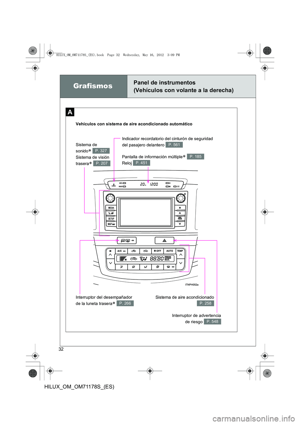 TOYOTA HILUX 2012 Manual del propietario (in Spanish) 32
HILUX_OM_OM71178S_(ES)
A
Vehículos con sistema de aire acondicionado automático
GrafismosPanel de instrumentos
(Vehículos con volante a la derecha)
Sistema de
sonido
∗
Sistema de visión
t TOYOTA HILUX 2012 Manual del propietario (in Spanish) 32
HILUX_OM_OM71178S_(ES)
A
Vehículos con sistema de aire acondicionado automático
GrafismosPanel de instrumentos
(Vehículos con volante a la derecha)
Sistema de
sonido
∗
Sistema de visión
t