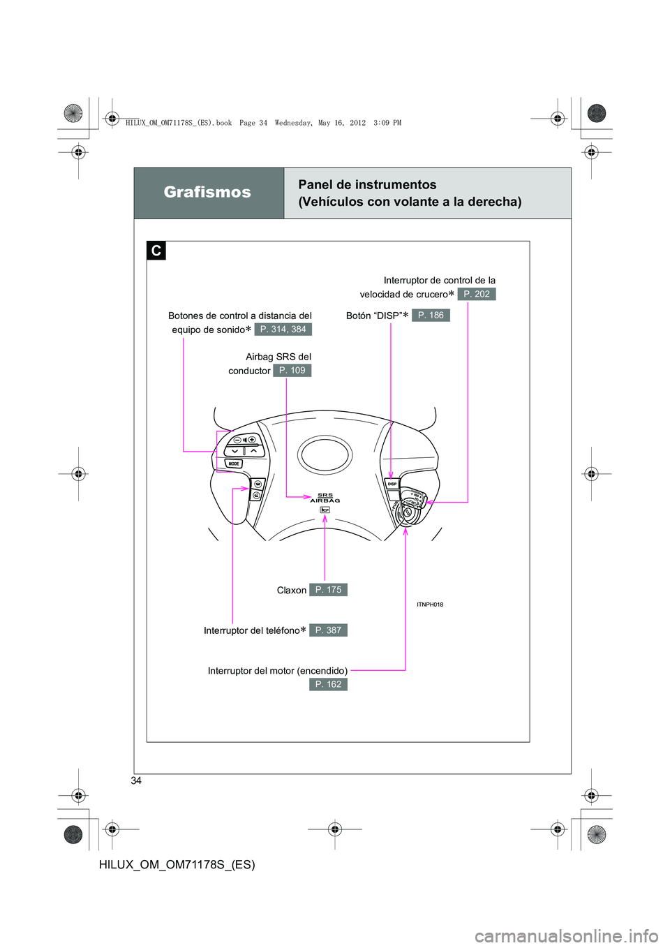 TOYOTA HILUX 2012 Manual del propietario (in Spanish) 34
HILUX_OM_OM71178S_(ES)
GrafismosPanel de instrumentos
(Vehículos con volante a la derecha)
C
Airbag SRS del
conductor
P. 109
Botón “DISP”∗ P. 186Botones de control a distancia del
equipo d TOYOTA HILUX 2012 Manual del propietario (in Spanish) 34
HILUX_OM_OM71178S_(ES)
GrafismosPanel de instrumentos
(Vehículos con volante a la derecha)
C
Airbag SRS del
conductor
P. 109
Botón “DISP”∗ P. 186Botones de control a distancia del
equipo d