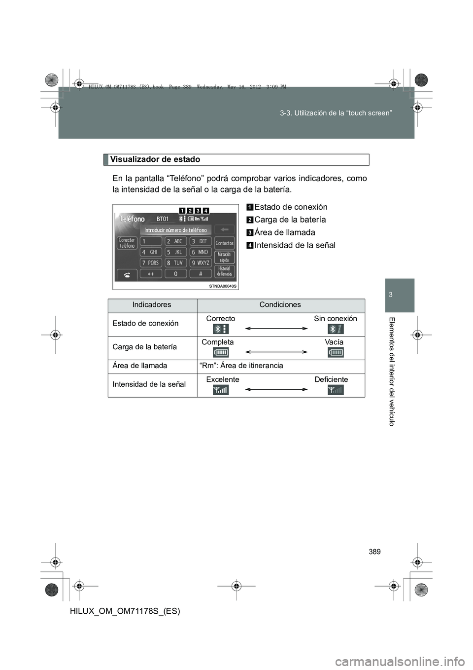 TOYOTA HILUX 2012 Manual del propietario (in Spanish) 389
3-3. Utilización de la “touch screen”
3
Elementos del interior del vehículo
HILUX_OM_OM71178S_(ES)
Visualizador de estado
En la pantalla “Teléfono” podrá comprobar varios indicadores, TOYOTA HILUX 2012 Manual del propietario (in Spanish) 389
3-3. Utilización de la “touch screen”
3
Elementos del interior del vehículo
HILUX_OM_OM71178S_(ES)
Visualizador de estado
En la pantalla “Teléfono” podrá comprobar varios indicadores,