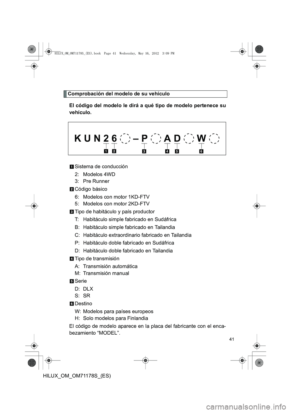 TOYOTA HILUX 2012 Manual del propietario (in Spanish) 41
HILUX_OM_OM71178S_(ES)
Comprobación del modelo de su vehículoEl código del modelo le dirá a qué tipo de modelo pertenece su
vehículo.
Sistema de conducción
2: Modelos 4WD
3: Pre Runner
Cód TOYOTA HILUX 2012 Manual del propietario (in Spanish) 41
HILUX_OM_OM71178S_(ES)
Comprobación del modelo de su vehículoEl código del modelo le dirá a qué tipo de modelo pertenece su
vehículo.
Sistema de conducción
2: Modelos 4WD
3: Pre Runner
Cód