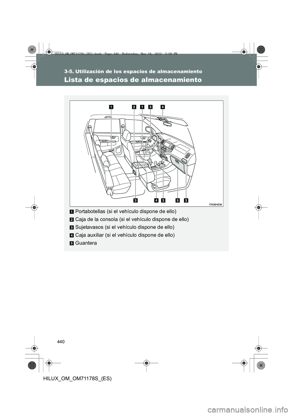 TOYOTA HILUX 2012  Manual del propietario (in Spanish) 440
HILUX_OM_OM71178S_(ES)
3-5. Utilización de los espacios de almacenamiento
Lista de espacios de almacenamiento
Portabotellas (si el vehículo dispone de ello)
Caja de la consola (si el vehículo d