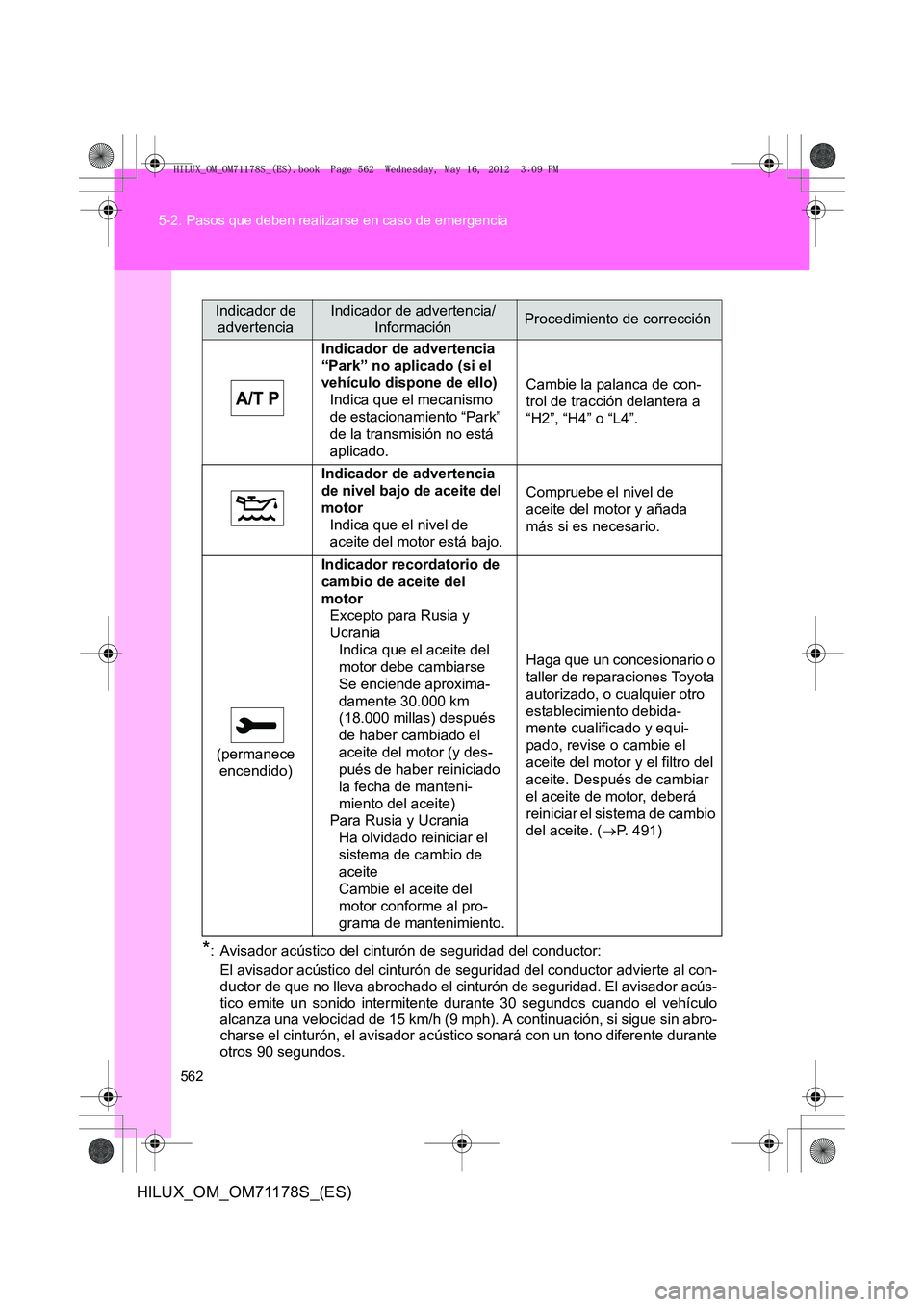 TOYOTA HILUX 2012 Manual del propietario (in Spanish) 562
5-2. Pasos que deben realizarse en caso de emergencia
HILUX_OM_OM71178S_(ES)
*: Avisador acústico del cinturón de seguridad del conductor:
El avisador acústico del cinturón de seguridad del co TOYOTA HILUX 2012 Manual del propietario (in Spanish) 562
5-2. Pasos que deben realizarse en caso de emergencia
HILUX_OM_OM71178S_(ES)
*: Avisador acústico del cinturón de seguridad del conductor:
El avisador acústico del cinturón de seguridad del co