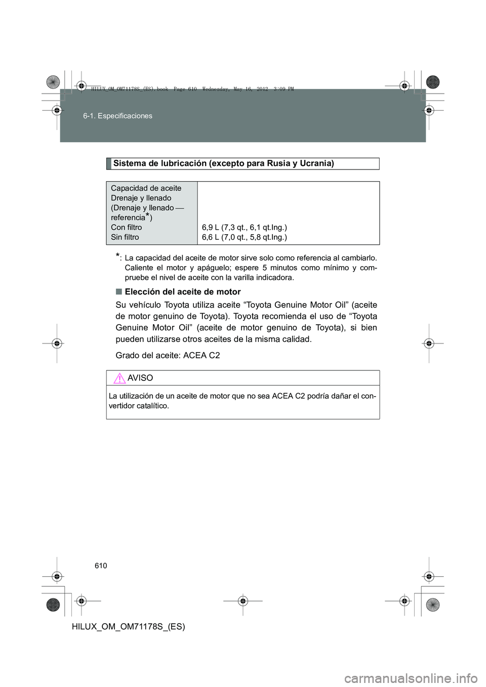 TOYOTA HILUX 2012  Manual del propietario (in Spanish) 610
6-1. Especificaciones
HILUX_OM_OM71178S_(ES)
Sistema de lubricación (excepto para Rusia y Ucrania)
*: La capacidad del aceite de motor sirve solo como referencia al cambiarlo.
Caliente el motor y