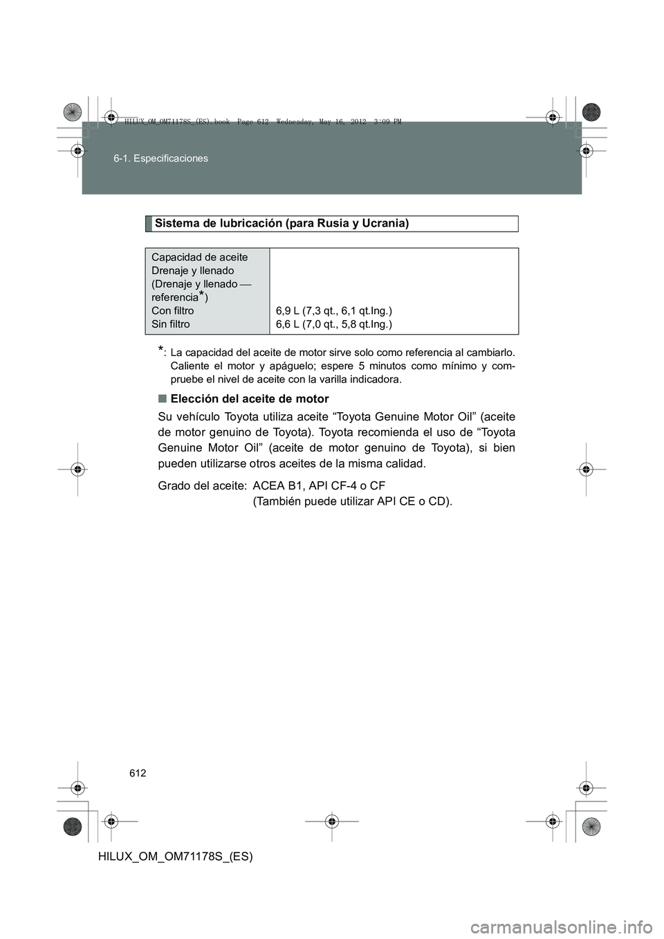 TOYOTA HILUX 2012 Manual del propietario (in Spanish) 612
6-1. Especificaciones
HILUX_OM_OM71178S_(ES)
Sistema de lubricación (para Rusia y Ucrania)
*: La capacidad del aceite de motor sirve solo como referencia al cambiarlo.
Caliente el motor y apágue TOYOTA HILUX 2012 Manual del propietario (in Spanish) 612
6-1. Especificaciones
HILUX_OM_OM71178S_(ES)
Sistema de lubricación (para Rusia y Ucrania)
*: La capacidad del aceite de motor sirve solo como referencia al cambiarlo.
Caliente el motor y apágue